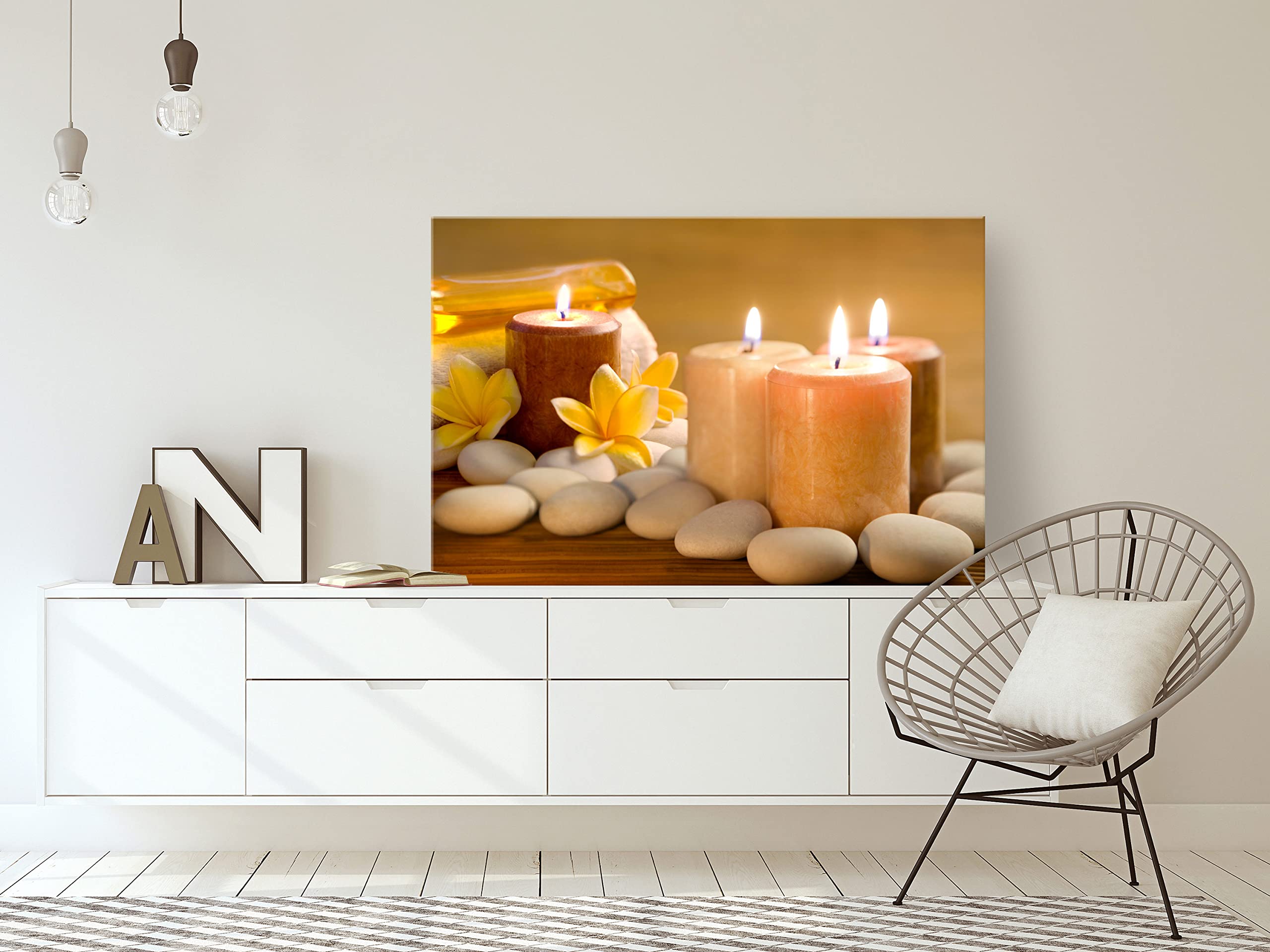 Artgeist Canvas Wall Art Print - 35x24 Inch Framed Stretched Spa Decor with Stone Flowers & Zen Candles for Home, Office, or Wellness Retreats