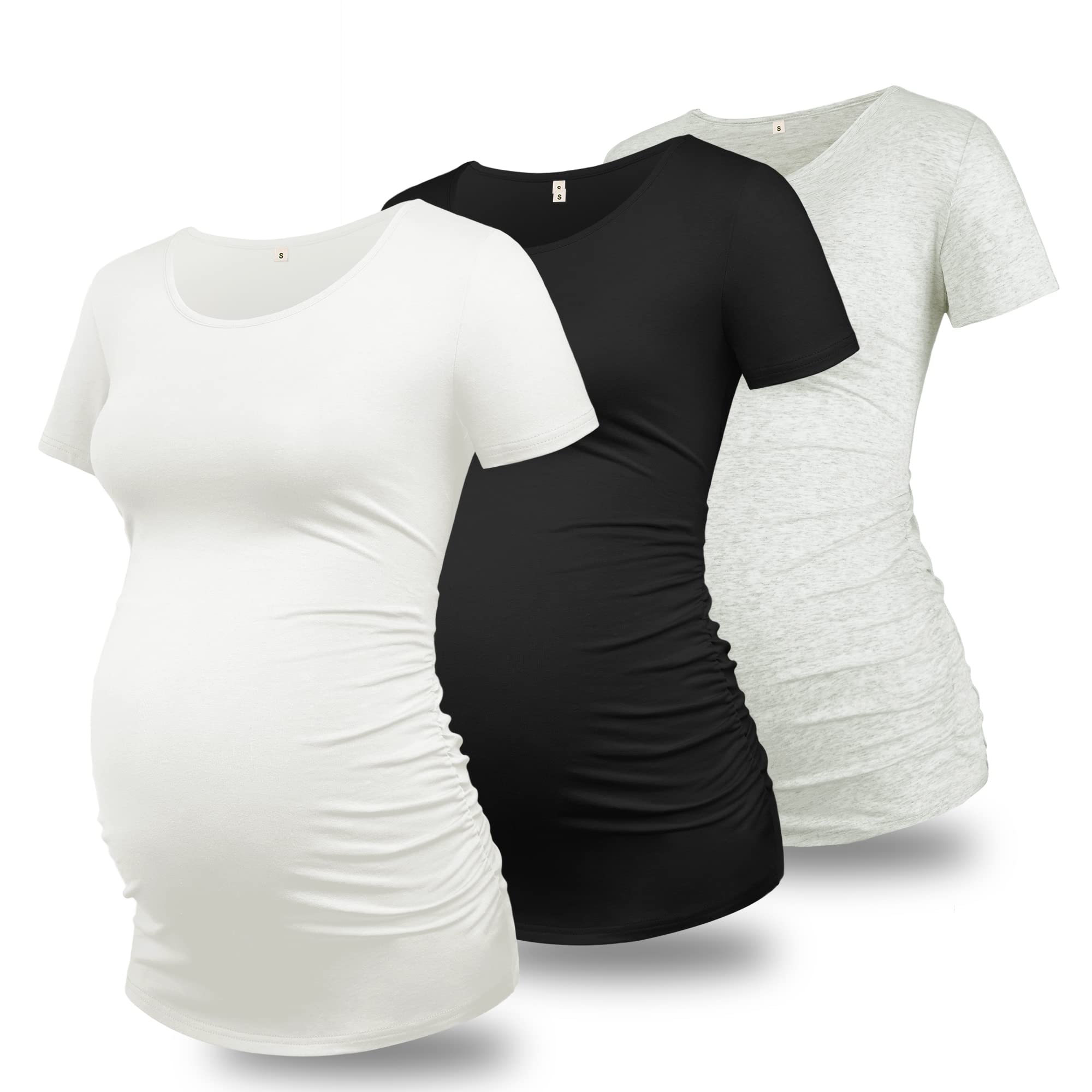 GLAMIX Women's Maternity Shirts - 3 Pack Cotton Short Sleeve Pregnancy Tops | Soft Summer T-Shirts for Expecting Moms | Perfect for Casual Wear, Baby Showers & Maternity Photos