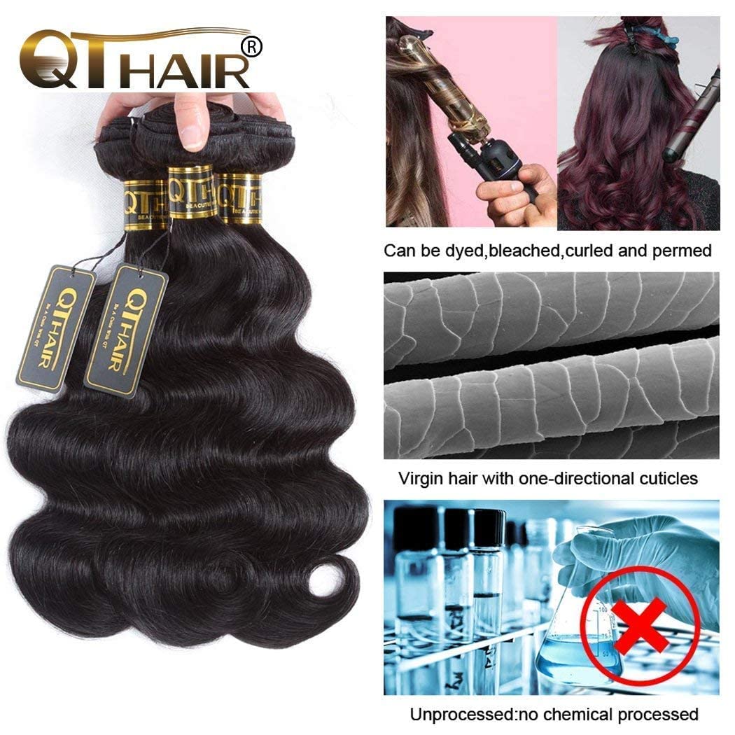QTHAIR 14A Brazilian Human Hair Body Wave Bundles (16 18 20 Inch) 100% Unprocessed Virgin Hair Extensions - Natural Color, Can Be Dyed, Wet & Wavy for Stunning Hairstyles | Perfect for Daily Wear, Parties, Weddings & Special Occasions