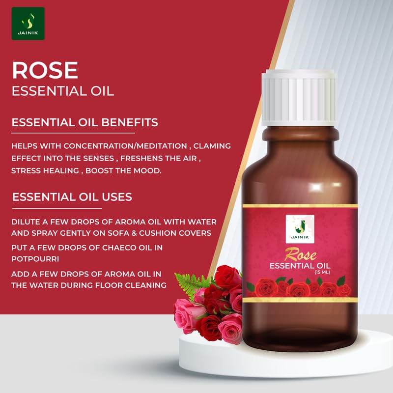 Jainik Pure Rose Essential Oil - 15ml for Aromatherapy, Diffusers, Candles, Bath & Hand Sanitizer | Stress Relief & Anxiety Reduction | Perfect for Relaxation, Spa & Home Fragrance