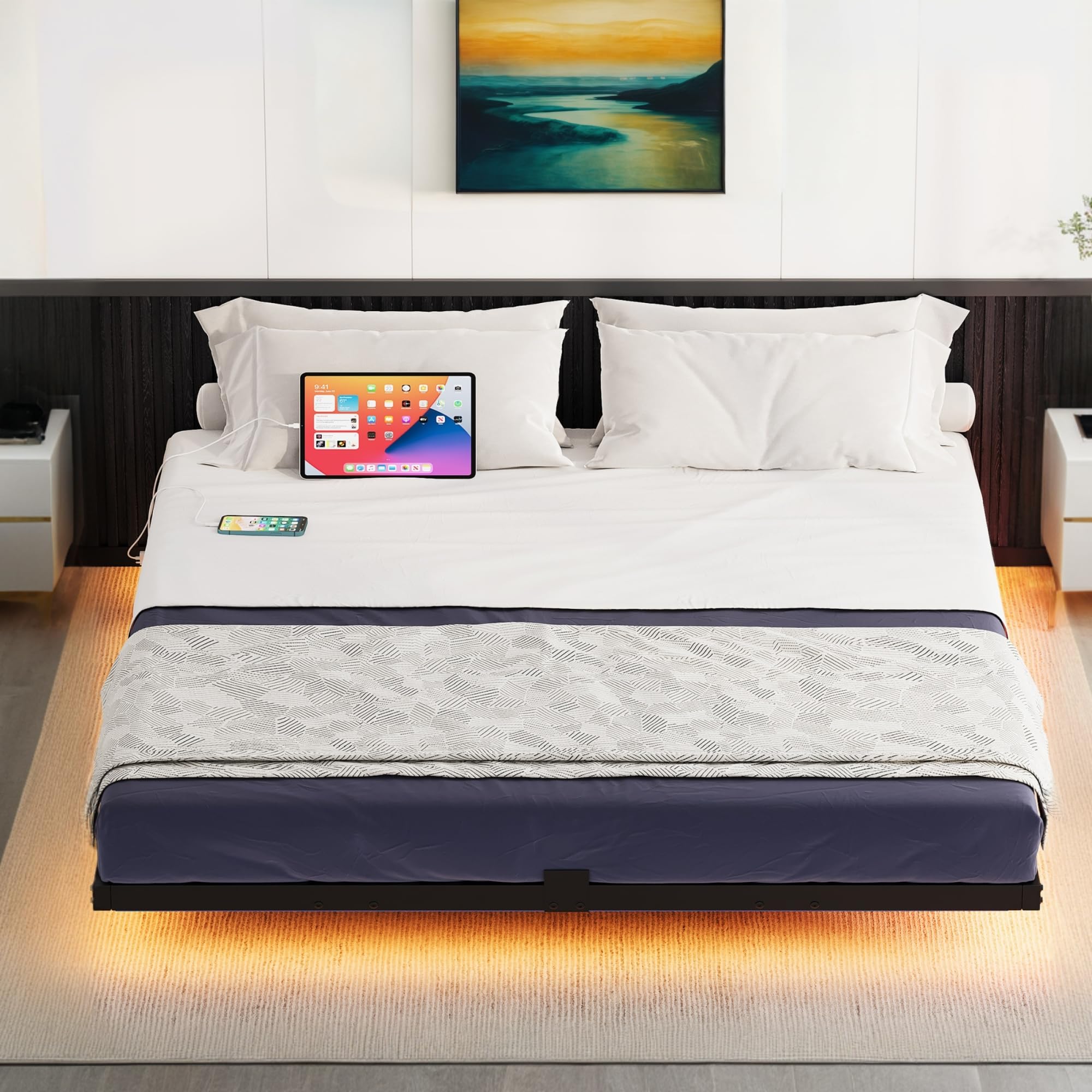 DWVO Queen Size Floating LED Bed Frame with USB Port - Heavy Duty Metal Platform Bed with Steel Slats, No Box Spring Needed - Easy Assembly, Black - Perfect for Modern Bedrooms & Smart Home Setup