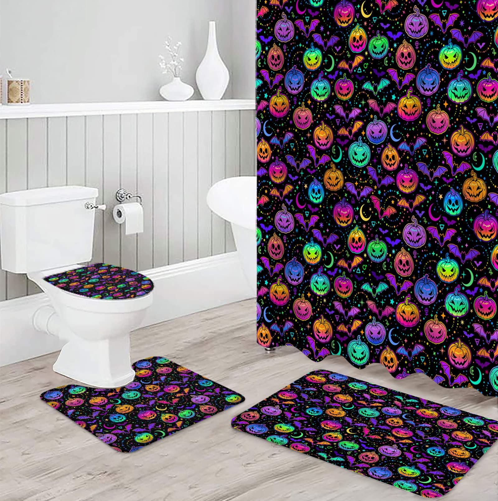 **4-Piece Halloween Pumpkin Grimace Bat Bathroom Mat Set - Non-Slip Shower Curtain, Toilet Seat Cover & Large Rugs (72x72in) - Spooky Bathroom Decor for Halloween & Fall Season**