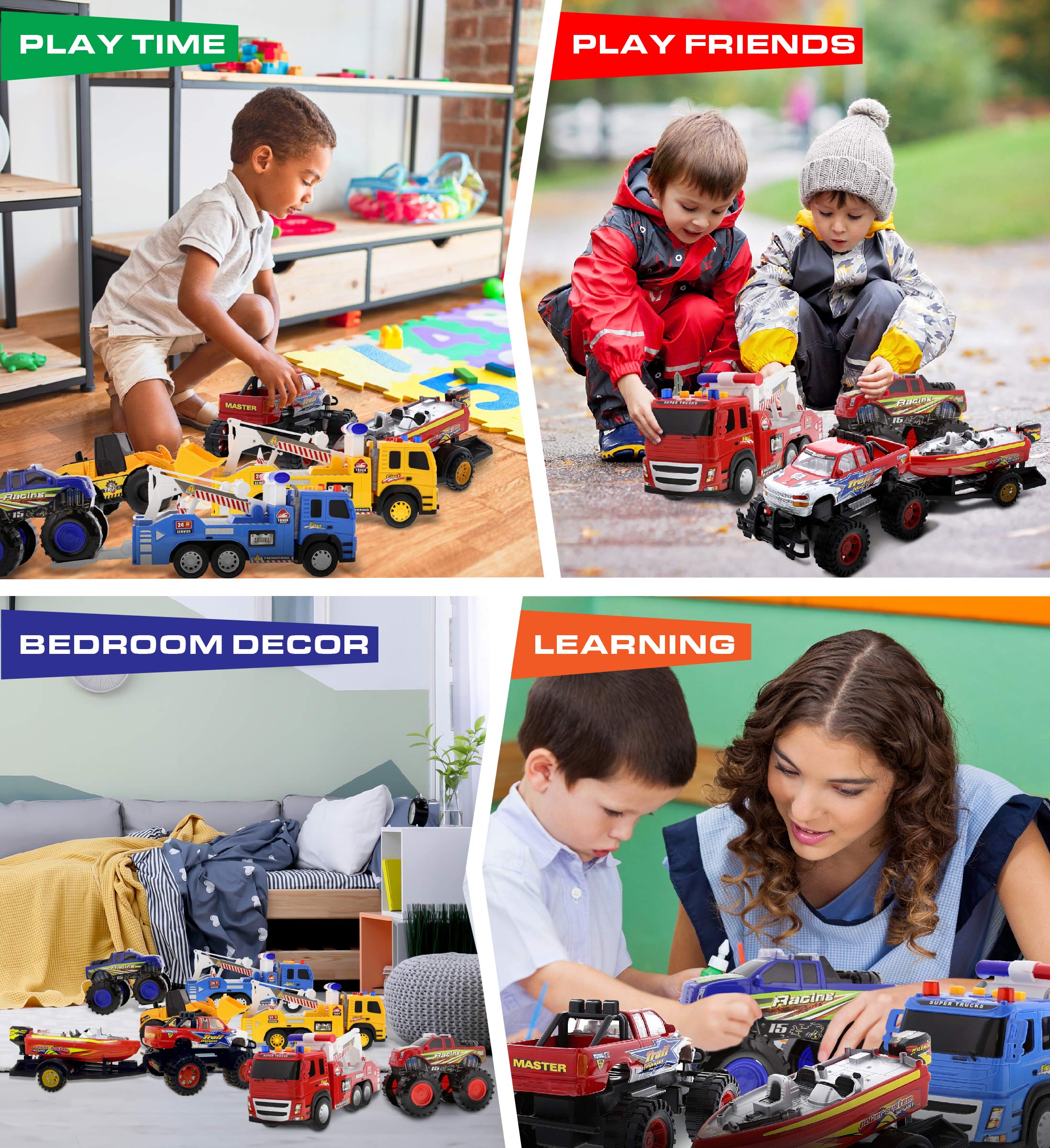 Mozlly 4-Pack Friction Powered Toy Trucks Set - 3 Emergency Tow Trucks with Lights & Sounds + Monster Truck with Speed Boat Trailer - Push & Go Action Vehicles for Kids - Perfect for Pretend Play, Birthday Gifts & STEM Learning (Styles May Vary)