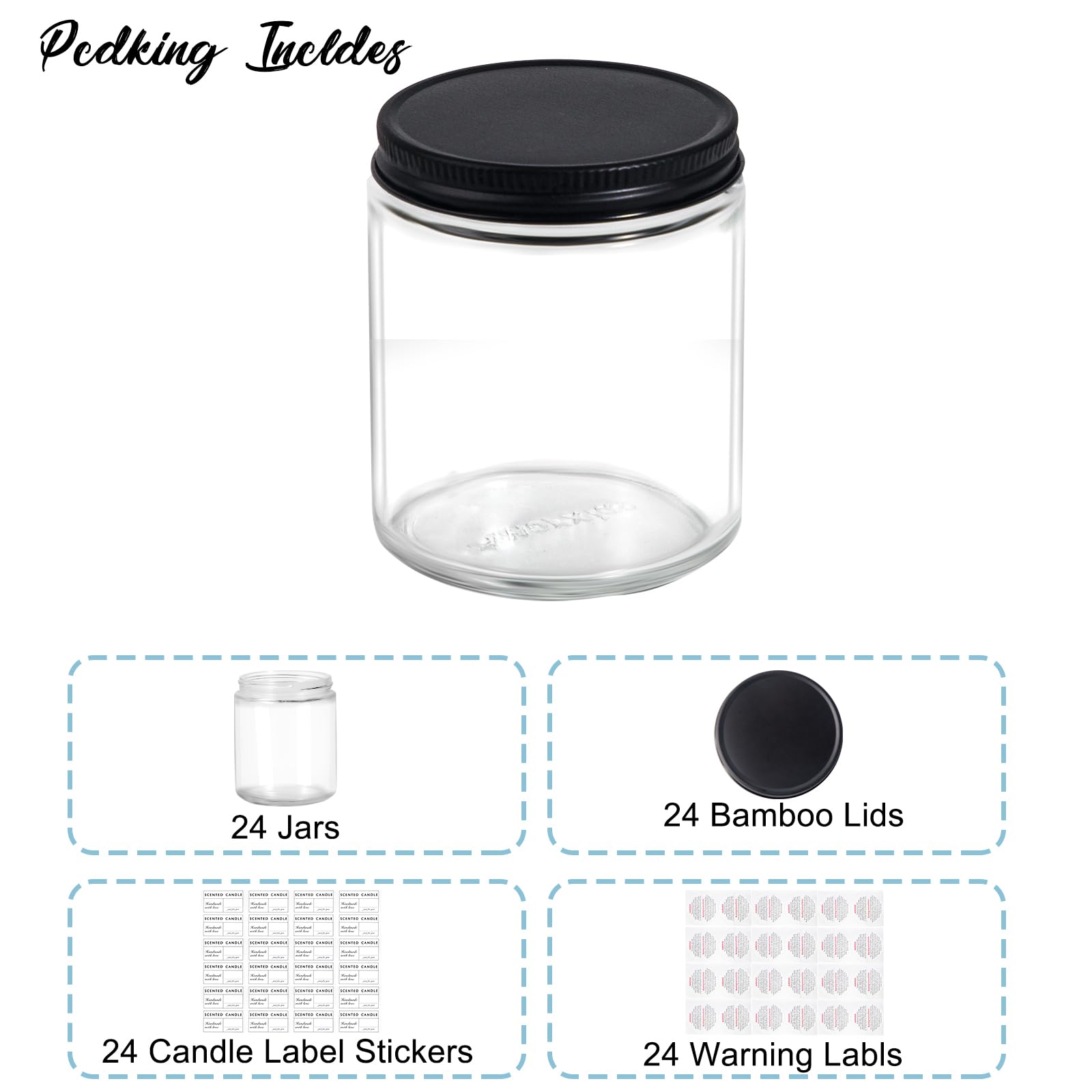 24 Pack 7oz Clear Glass Candle Jars with Lids - Thick Empty Candle Containers for DIY Candles, Spice Storage & Sample Jars - Dishwasher Safe - Perfect for Home Decor, Wedding Favors & Craft Projects