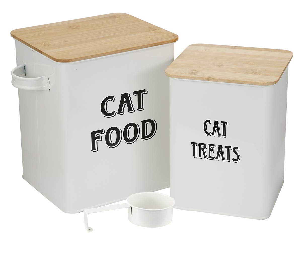Premium Cat Food and Treat Storage Containers with Scoop - Airtight Wood Lids, Durable Coated Carbon Steel Canisters for Fresh Pet Food - Perfect for Kitchen Pantry Organization (White)