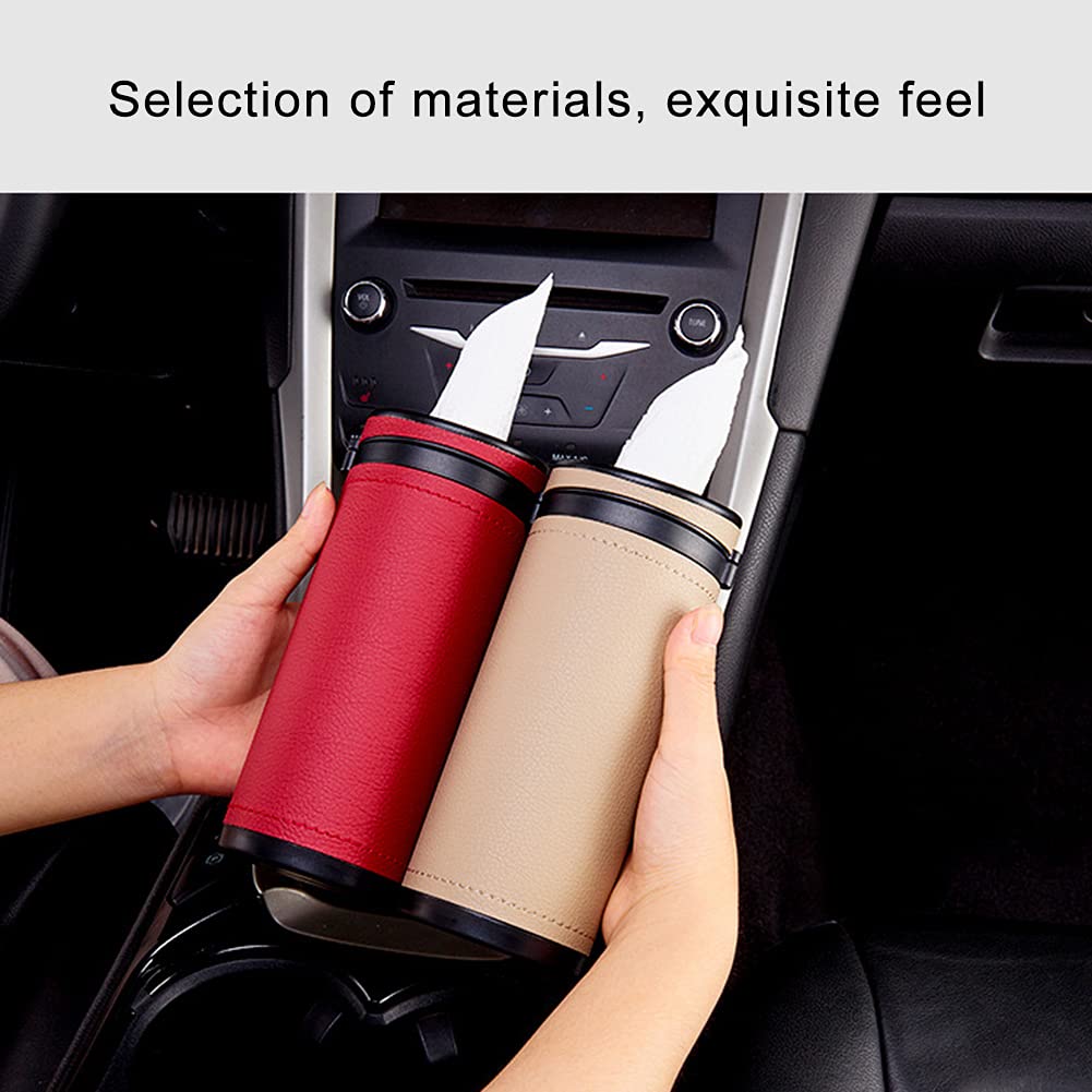 PU Leather Cylinder Tissue Box Holder - Portable Napkin Dispenser for Car Cup Holder, Office & Home - Red | Compact Facial Tissue Case for Desks, Cars & Travel