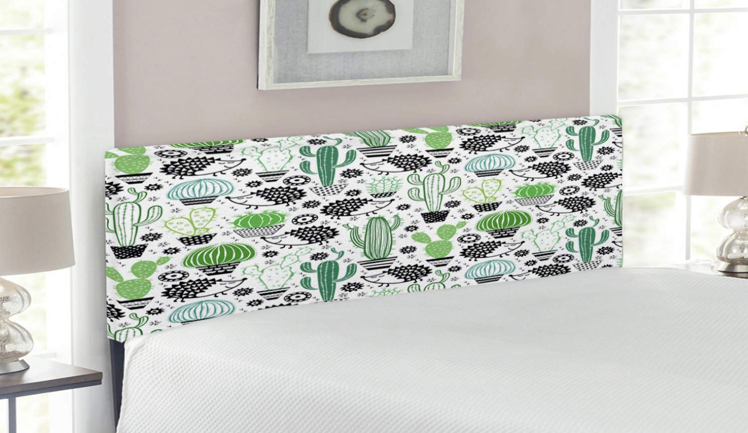 Ambesonne Cactus Headboard - Cartoon Hedgehog & Saguaro Design, Upholstered Metal Bed Frame with Memory Foam, Queen Size Multicolor - Perfect for Kids' Room, Nursery or Boho Bedroom Decor
