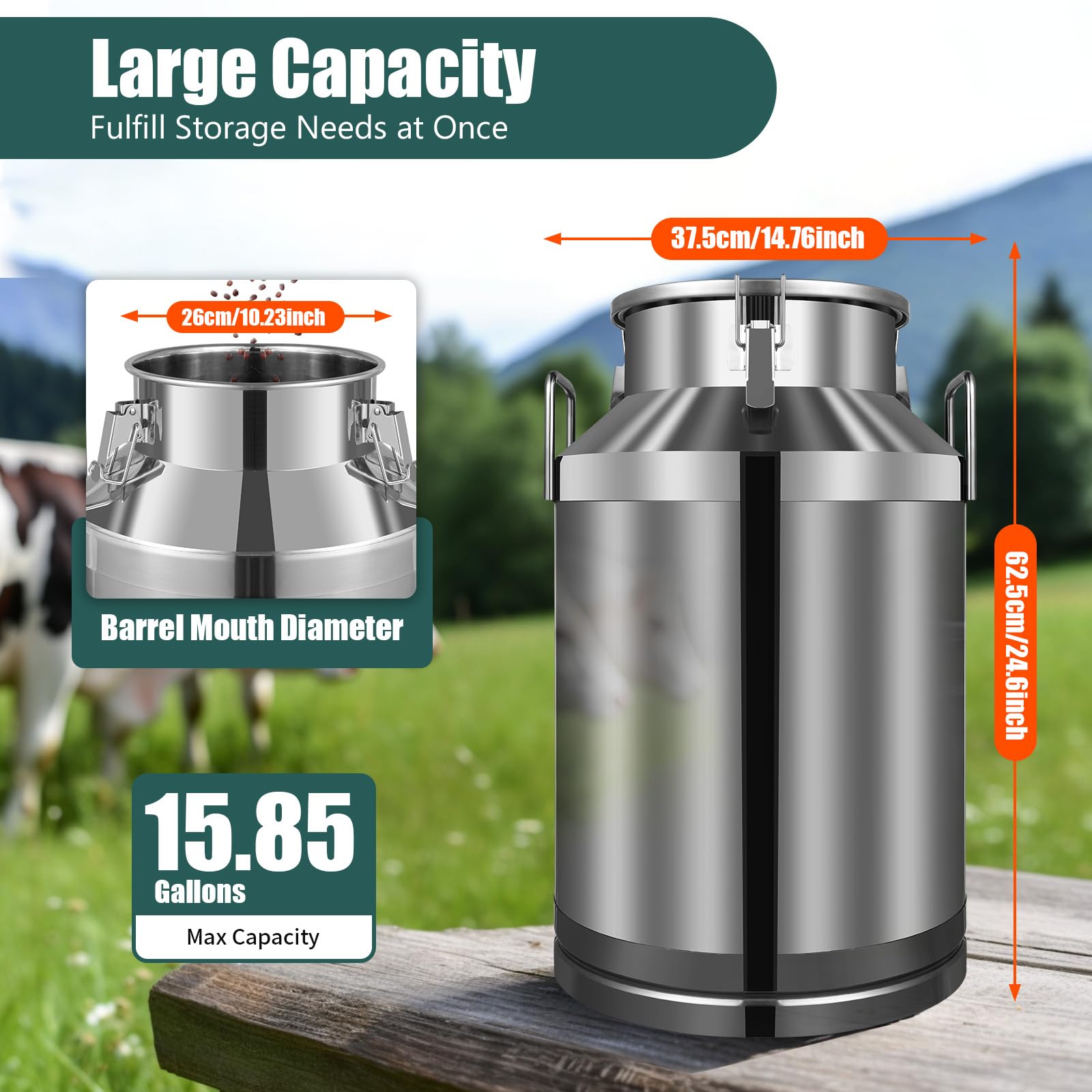60L/15.85 Gallon Stainless Steel Milk Can with Sealing Lid - 201 Food Grade Milk Jug, Wine Pail & Liquid Storage Container - Perfect for Kitchen, Home, Restaurant - Ideal for Dairy, Beverage & Bulk Food Storage