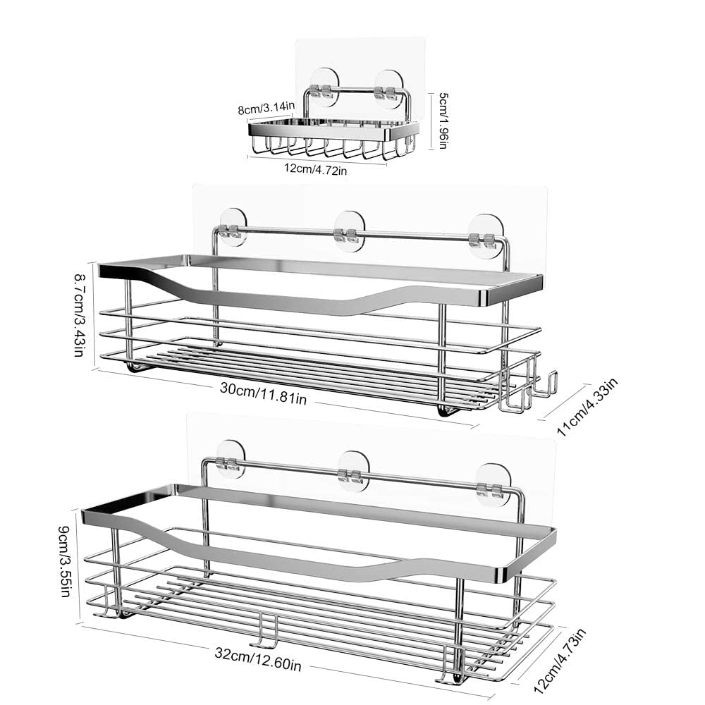 Orimade Stainless Steel Shower Caddy with 5 Hooks - Rustproof SUS304 Bathroom Organizer, Soap Dish Holder & Wall Mounted Shelf - No Drilling Adhesive - Perfect for Shower, Kitchen & Bathroom Storage (3 Pack)