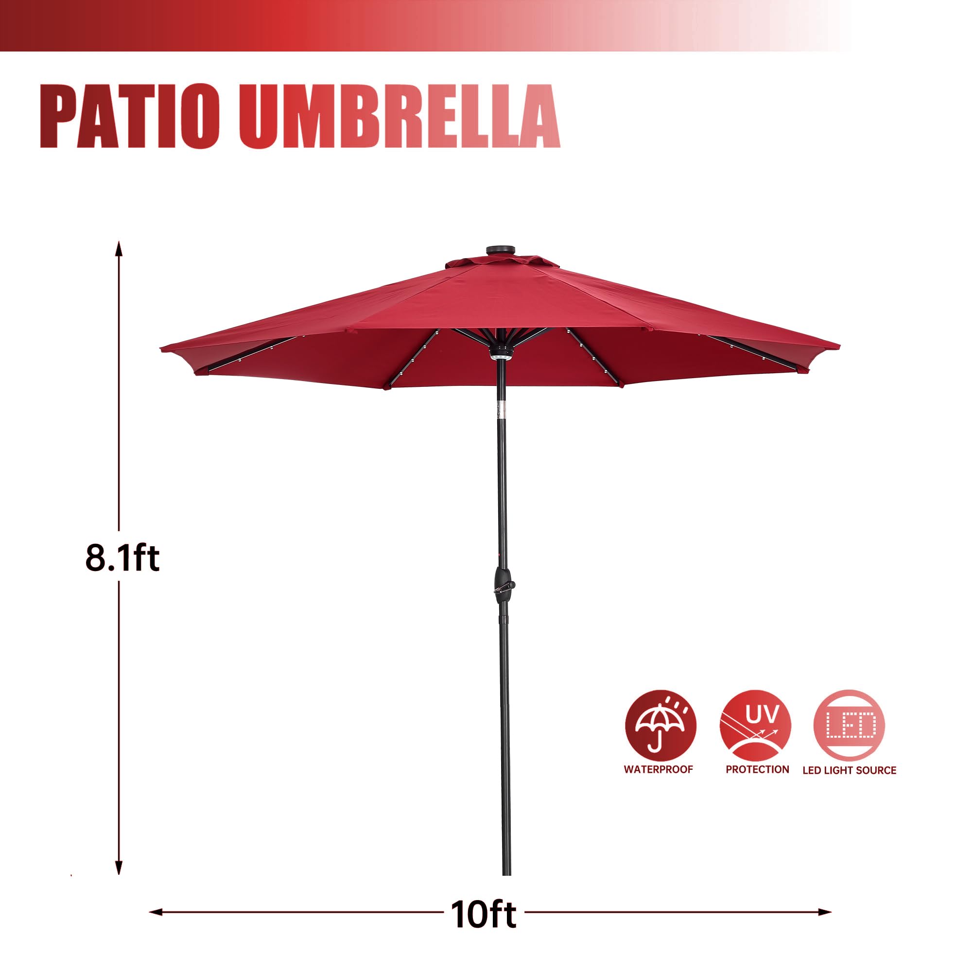 10ft Solar LED Patio Umbrella with Lights - Outdoor Cantilever Umbrella with Crank & Tilt, Waterproof Sun Shade for Garden, Pool, Deck, Backyard & Outdoor Dining