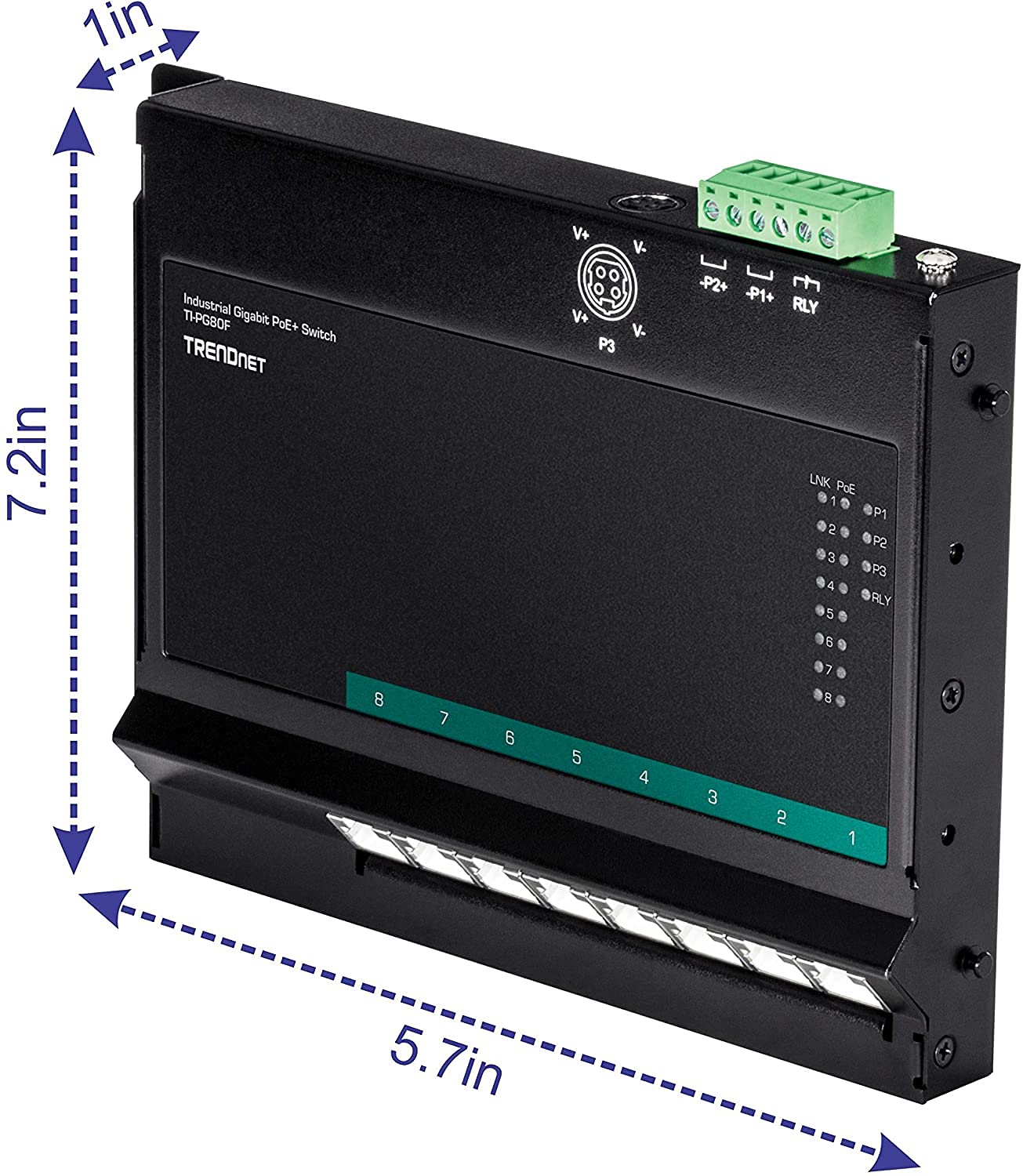 TRENDnet TI-PG80F 8-Port Industrial Gigabit PoE+ Switch - DIN Rail/Wall Mount, 8x PoE+ Ports (200W Budget), 48-57V DC, IP30 Rating - Ideal for Factory Automation, Security Cameras & Industrial IoT Networks