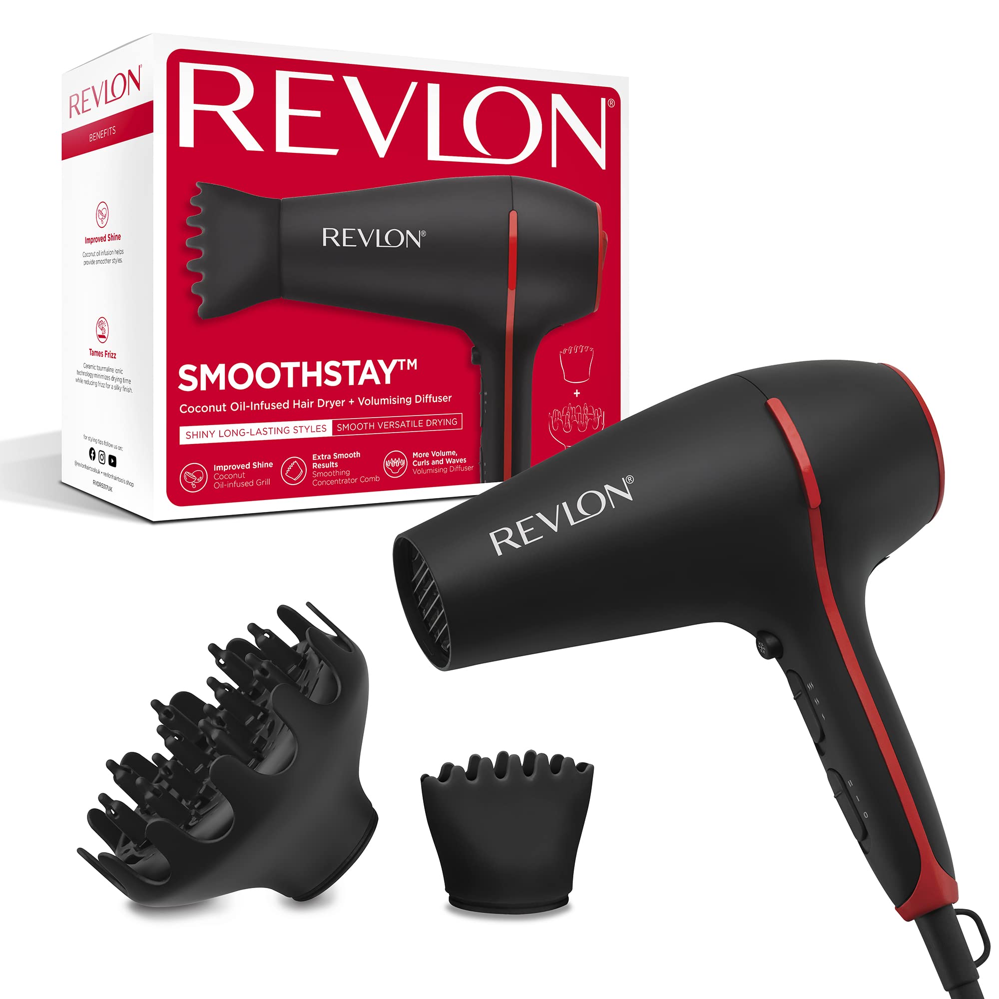 Revlon Smoothstay Coconut Oil-Infused Hair Dryer - 2000W Professional Blow Dryer with Diffuser & Concentrator Comb, Ceramic Tourmaline Ionic Technology for Frizz-Free Shine (Model RVDR5317) - Perfect for Salon-Quality Styling at Home, Travel & Daily Hair Care
