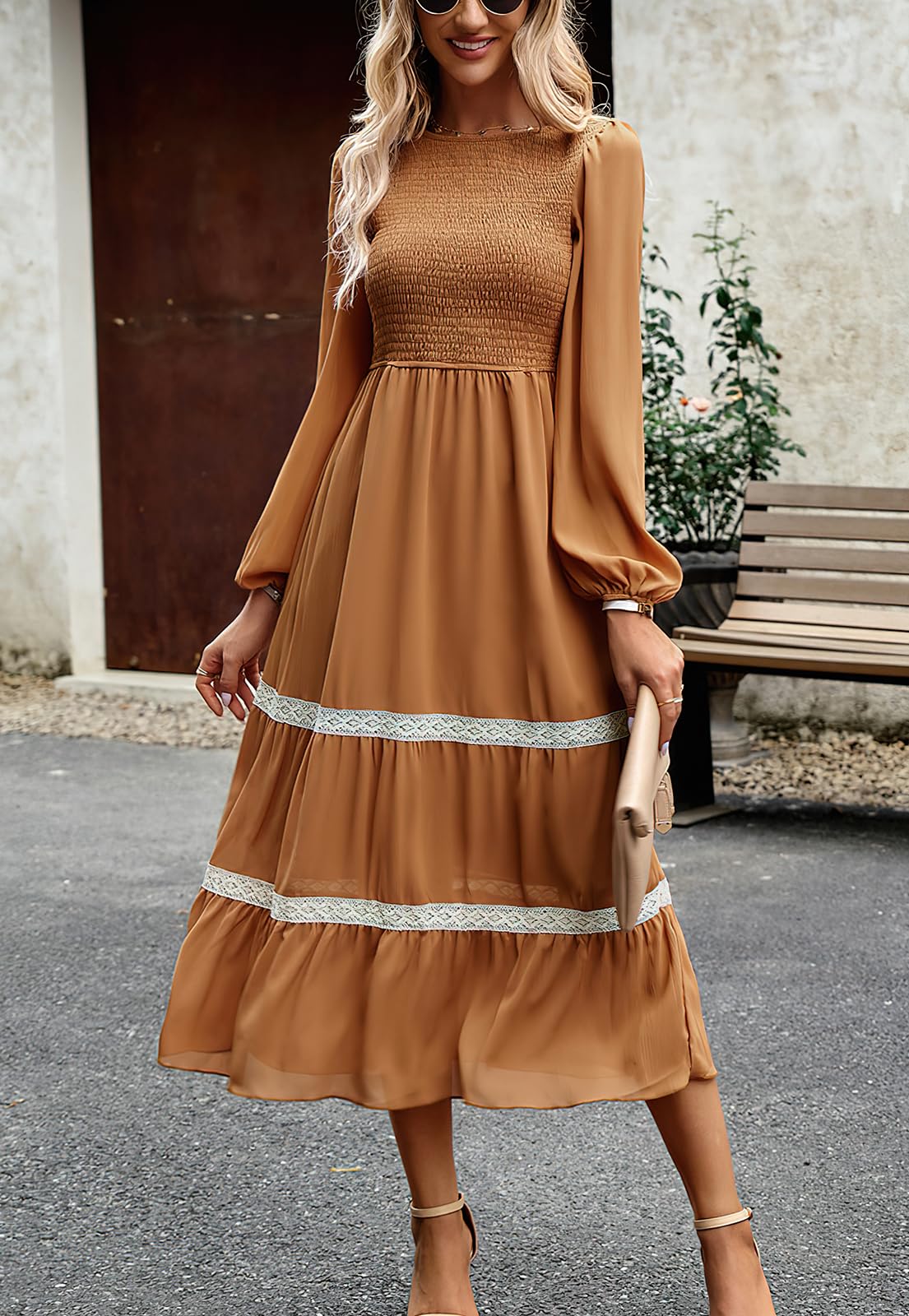 Elegant Lantern Sleeve Smocked Lace A-Line Midi Dress for Women - Perfect for Parties, Weddings & Special Occasions