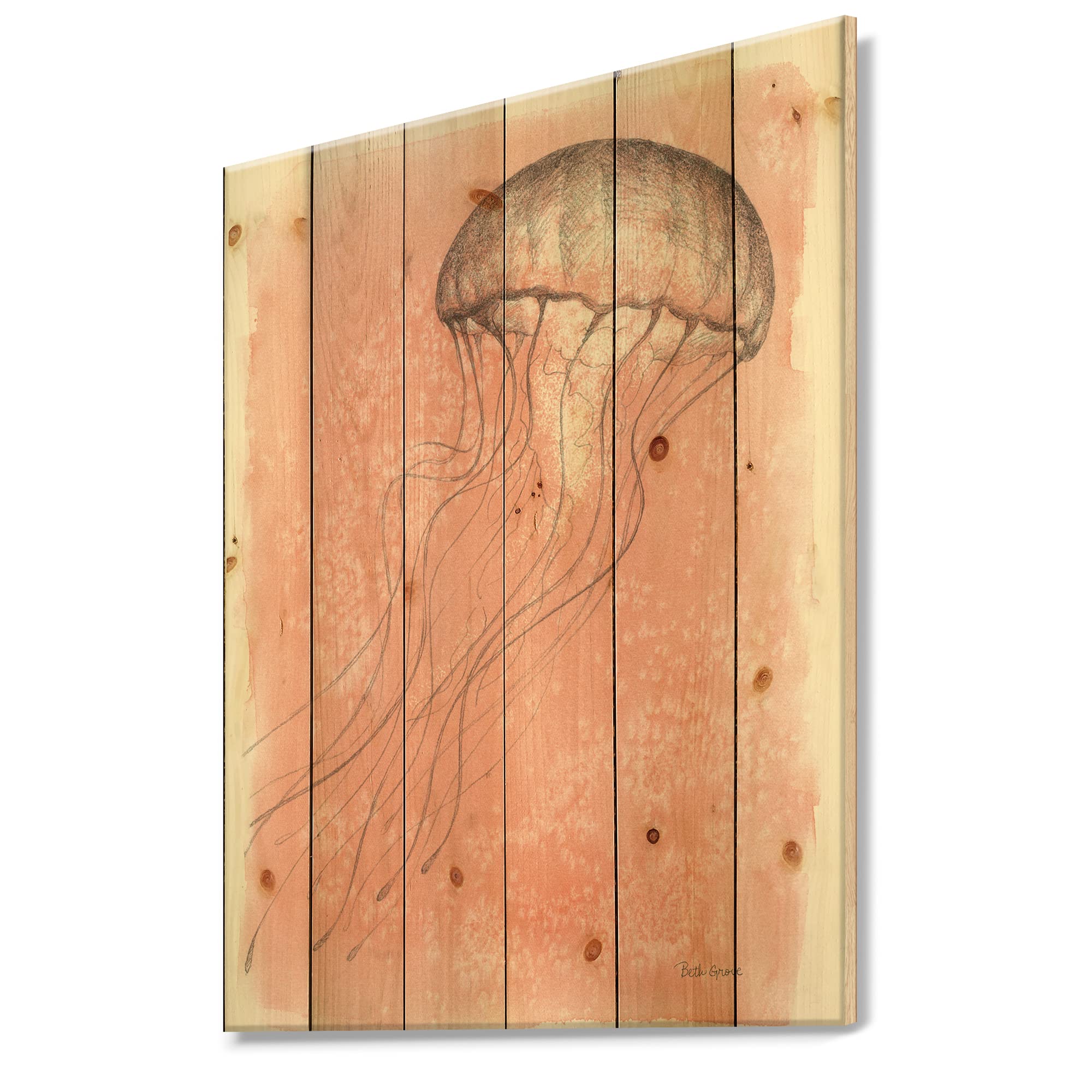 Coastal Jellyfish Wood Wall Art - Pink Nautical Decor for Beach House