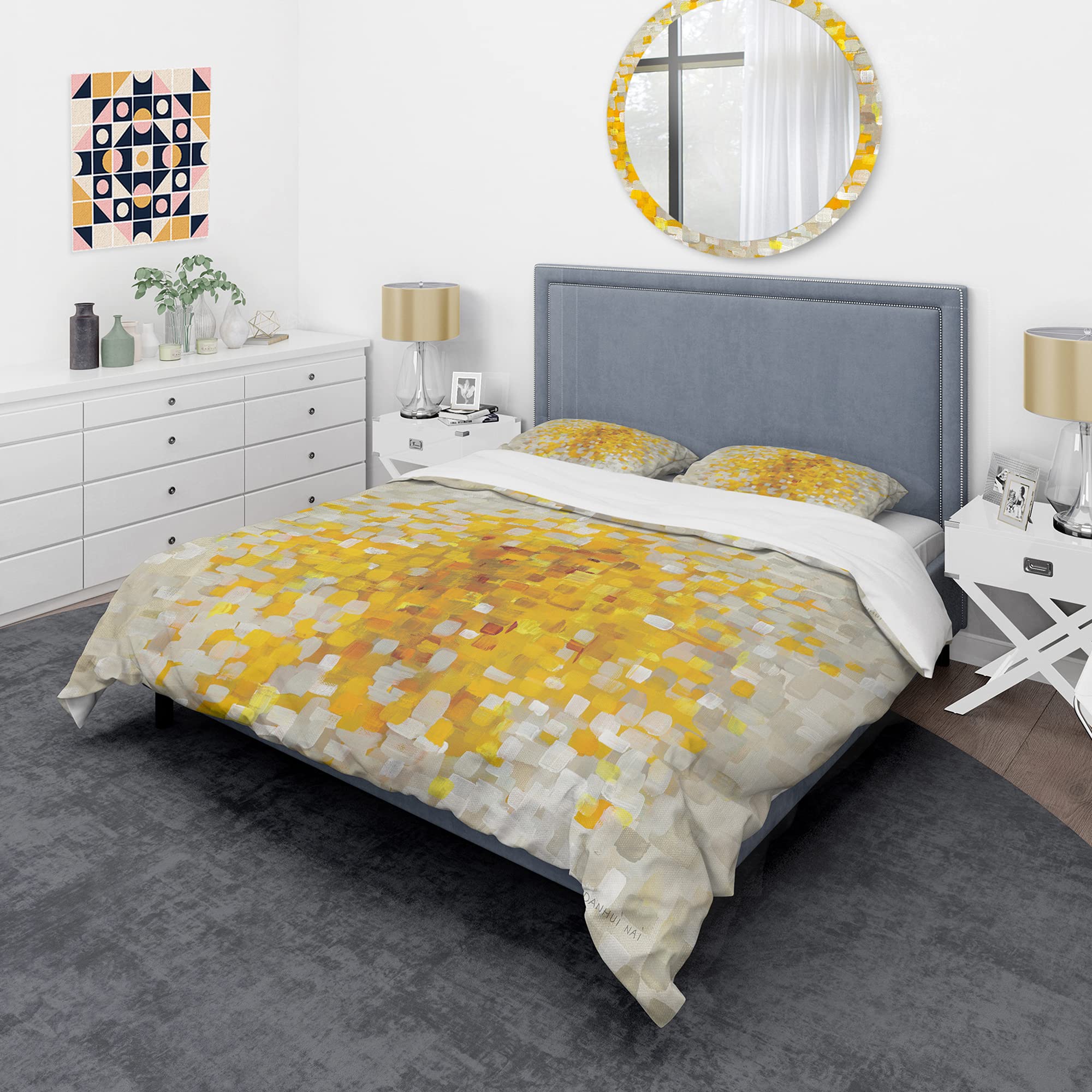 DesignQ Glam Yellow Explosion Blocks Modern Duvet Cover Set - King Size 3-Piece Abstract Bedding | Soft All-Season Contemporary Comforter Cover for Master Bedroom & Guest Room Decor