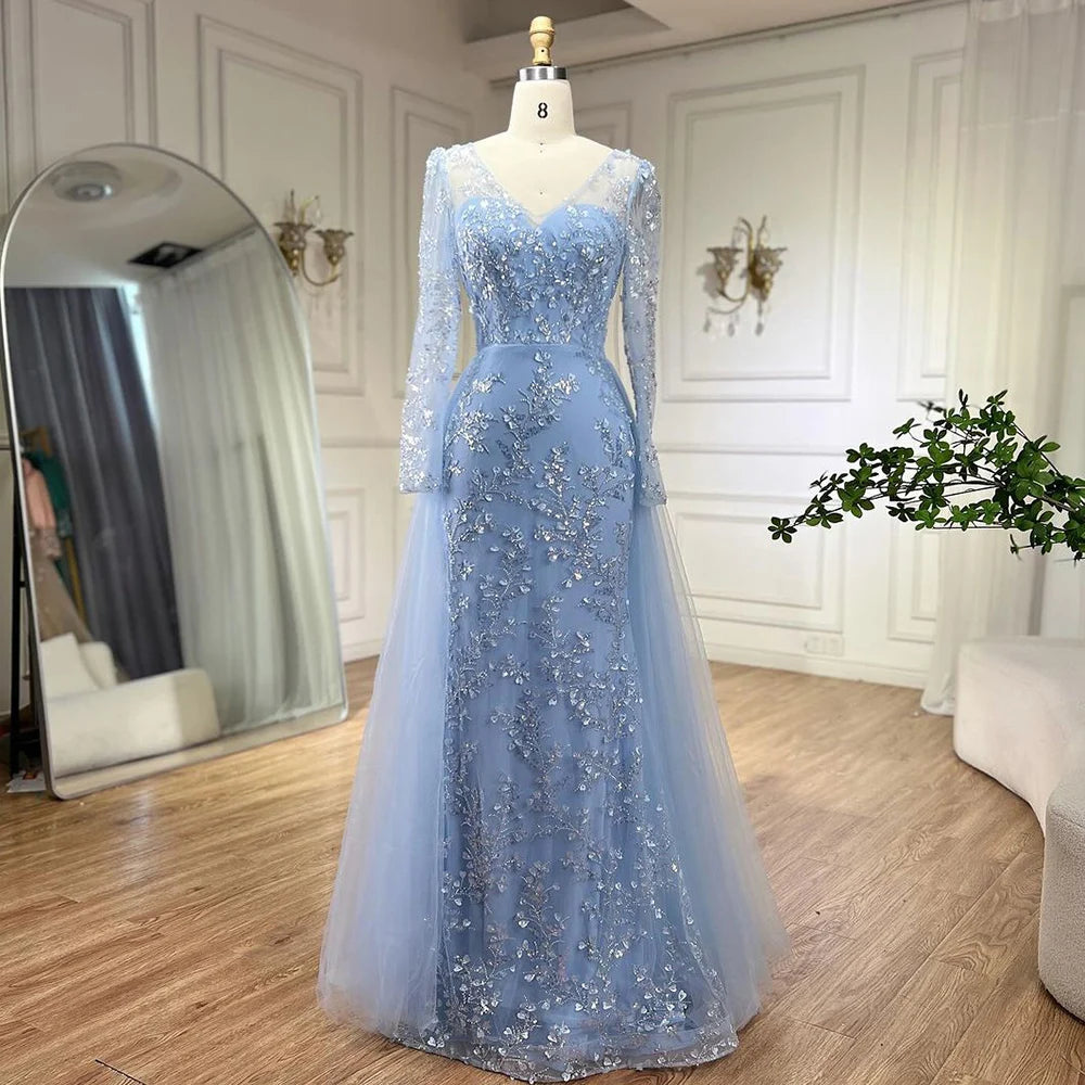 Elegant Blue Mermaid Evening Dress with Beaded Train - Luxury Arabic Wedding Gown for Women - Perfect for 2025 Bridal Party & Formal Events - Serene Hill Collection LA71851