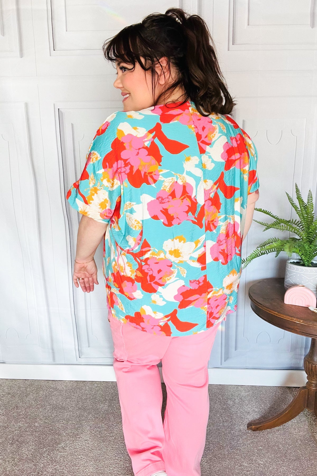 Stylish Aqua & Coral Floral Print V-Neck Woven Blouse for Women | Summer Casual & Beach Outfit | Perfect for Vacations, Dates, and Outdoor Events