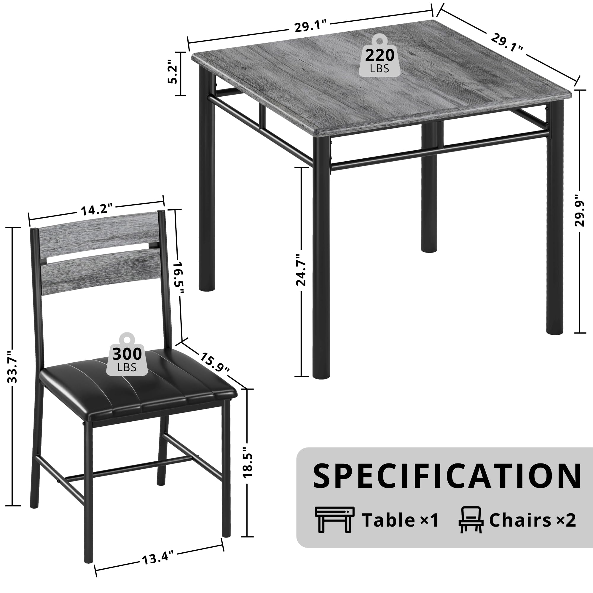 IRONCK 2-Person Dining Table Set with Upholstered Chairs - Compact Kitchen Table for Small Spaces, Gray - Perfect for Apartments, Breakfast Nooks & Cozy Dining Rooms