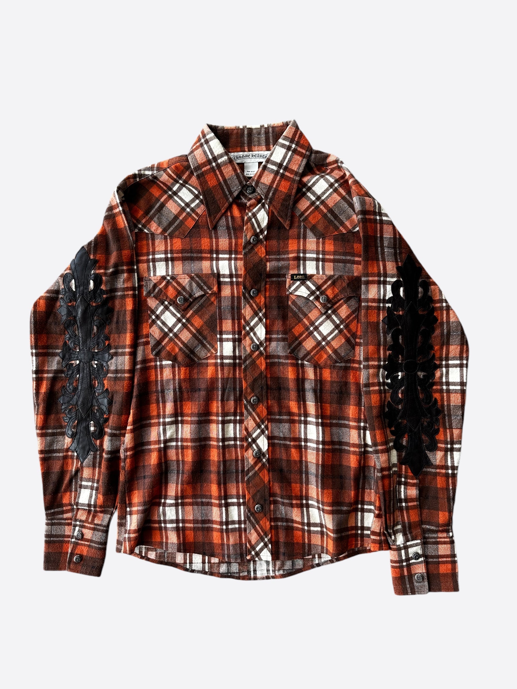 Chrome Hearts Lee Orange Leather Floral Sleeve Patch Flannel Shirt - Vintage Style Distressed Flannel for Men - Perfect for Casual Wear, Street Style & Fall Fashion