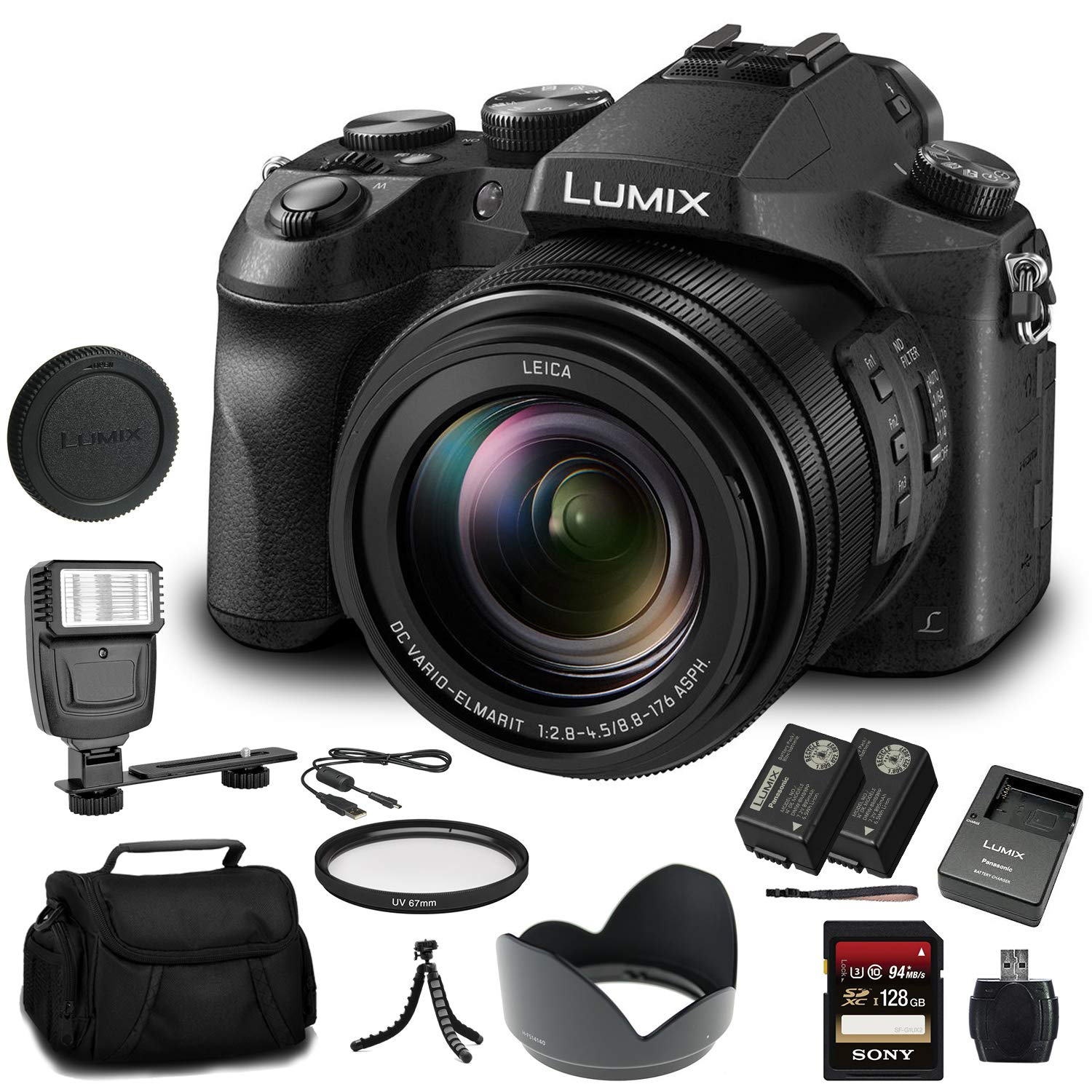 Panasonic Lumix DMC-FZ2500 4K Digital Camera Bundle with 128GB SD Card, Extra Battery, Flash, Tripod & Accessories - Perfect for Travel, Vlogging & Photography Enthusiasts