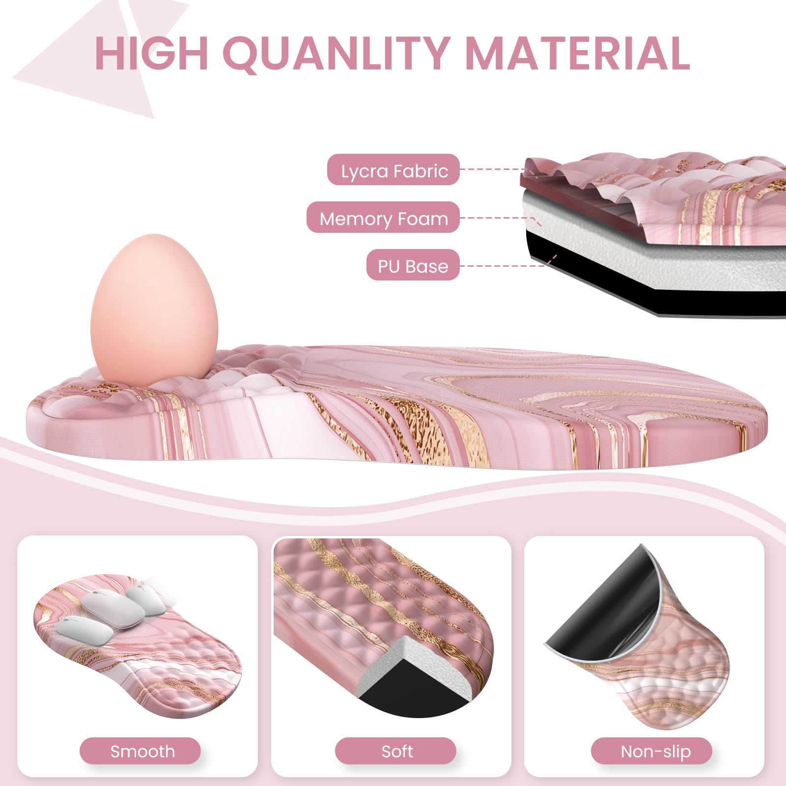 Pink Memory Foam Desk Mat with Wrist Rest - Rose Gold Keyboard & Mouse Pad for Comfortable Typing & Gaming - Non-Slip Computer Mat for Office & Home Workspace (Rose Gold Pink)