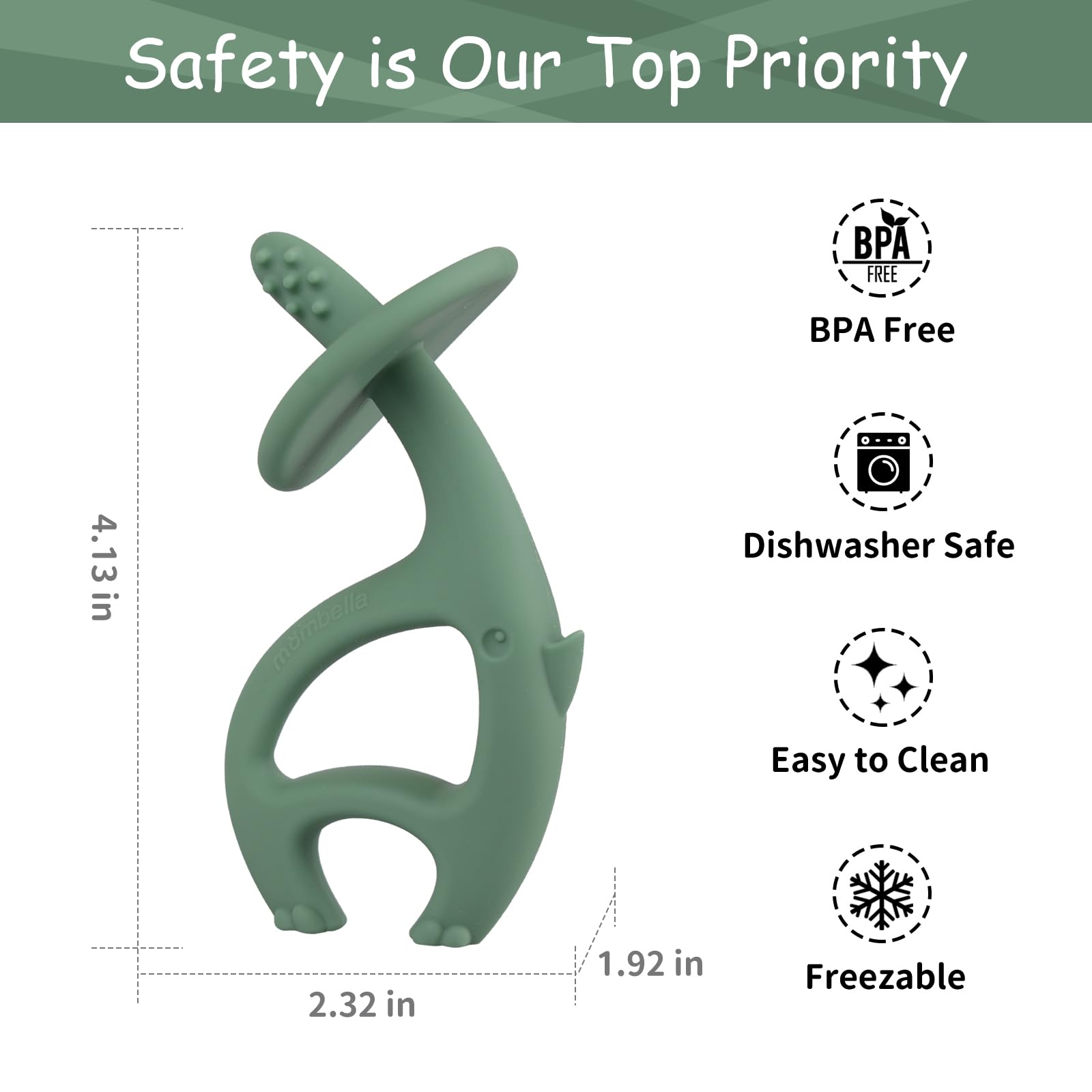 Mombella Dancing Elephant Teether Toy - Soft Silicone Baby Chew Toy with Strap & Clip for 3-12 Months - Freezable Teething Relief for Infants - Perfect Newborn Gift (Light Green) | Ideal for Soothing Sore Gums During Playtime & Travel
