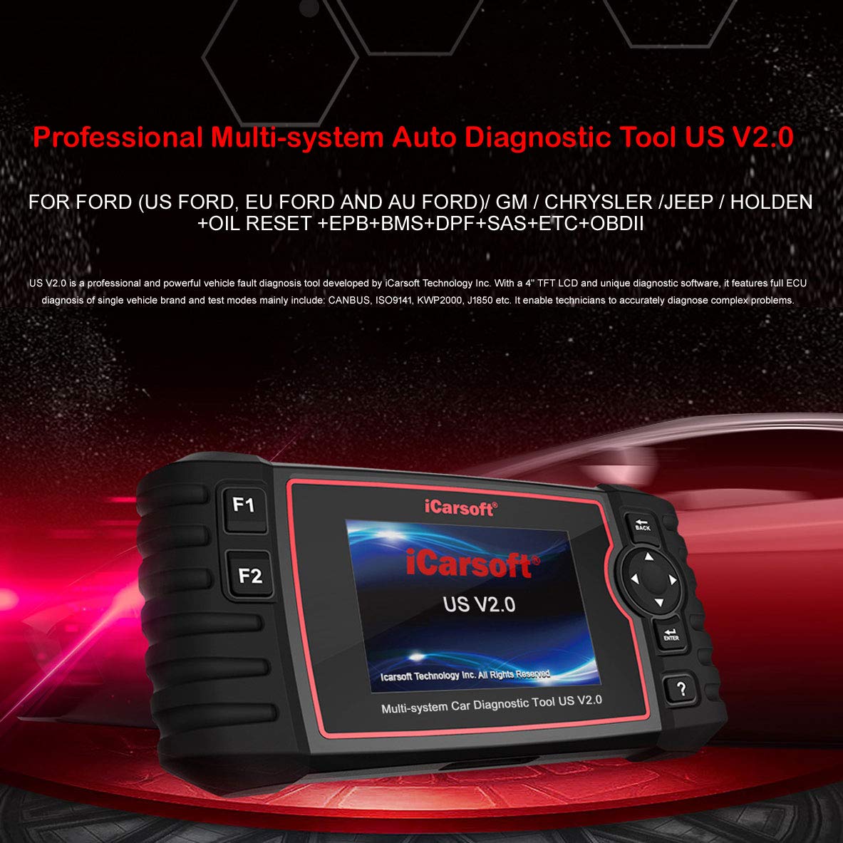 iCarsoft US V2.0 OBD2 Scanner - Professional Diagnostic Scan Tool for Ford, GM, Chevy, Buick, Cadillac, GMC, Chrysler, Jeep, Holden - Oil Reset, EPB, BMS, DPF, SAS, ETC, BLD, INJ Functions | Perfect for Mechanics & DIY Car Maintenance
