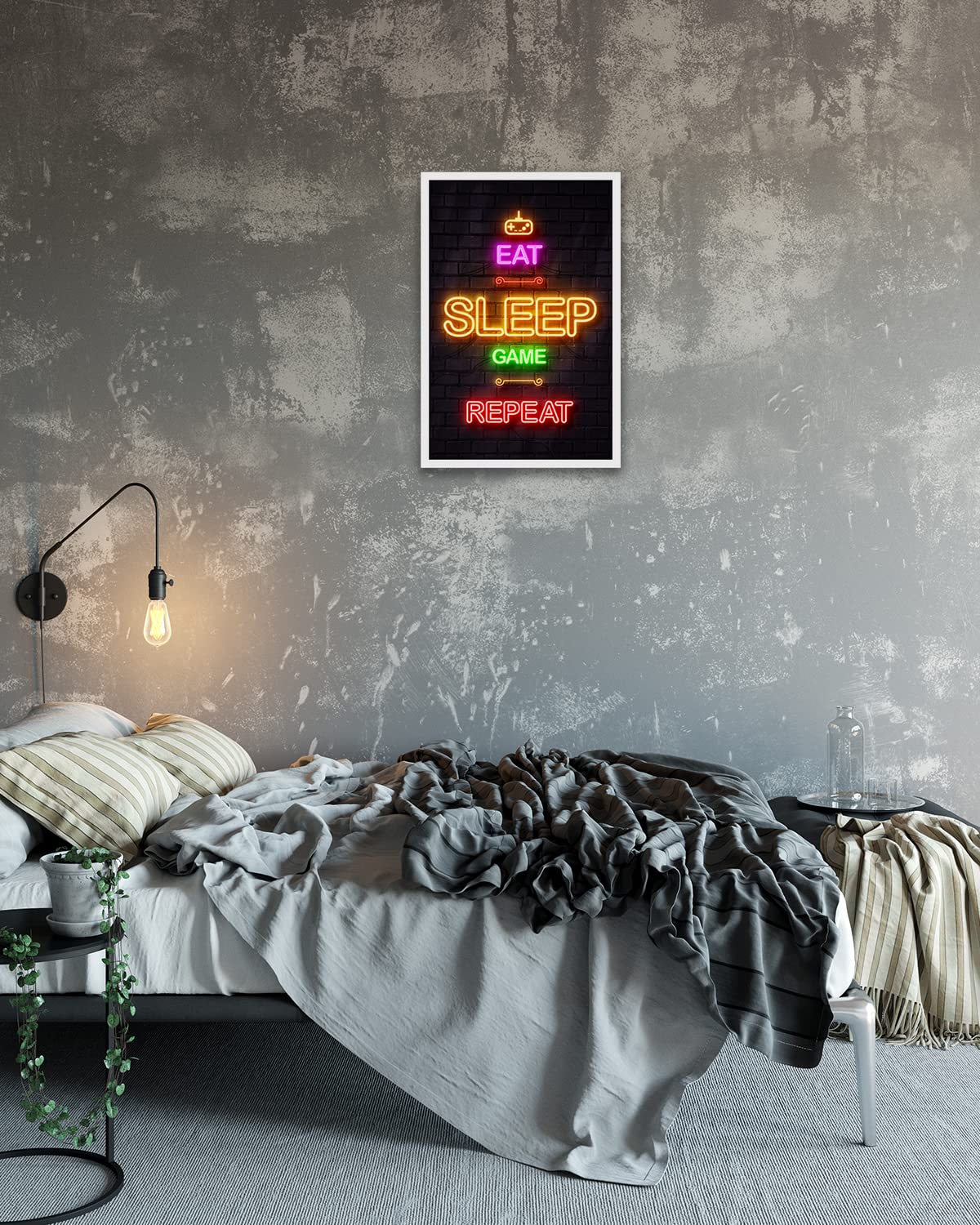 LIFVEAN 16x24in Unframed Gaming Posters for Boys Room - Cool Video Game Wall Art Decor for Bedroom & Gaming Room - Black Light Gamer Posters - Canvas Wall Decor - Perfect for Teen Boys Room, Game Themed Parties & Esports Fan Gifts - Eat Sleep Game Repeat