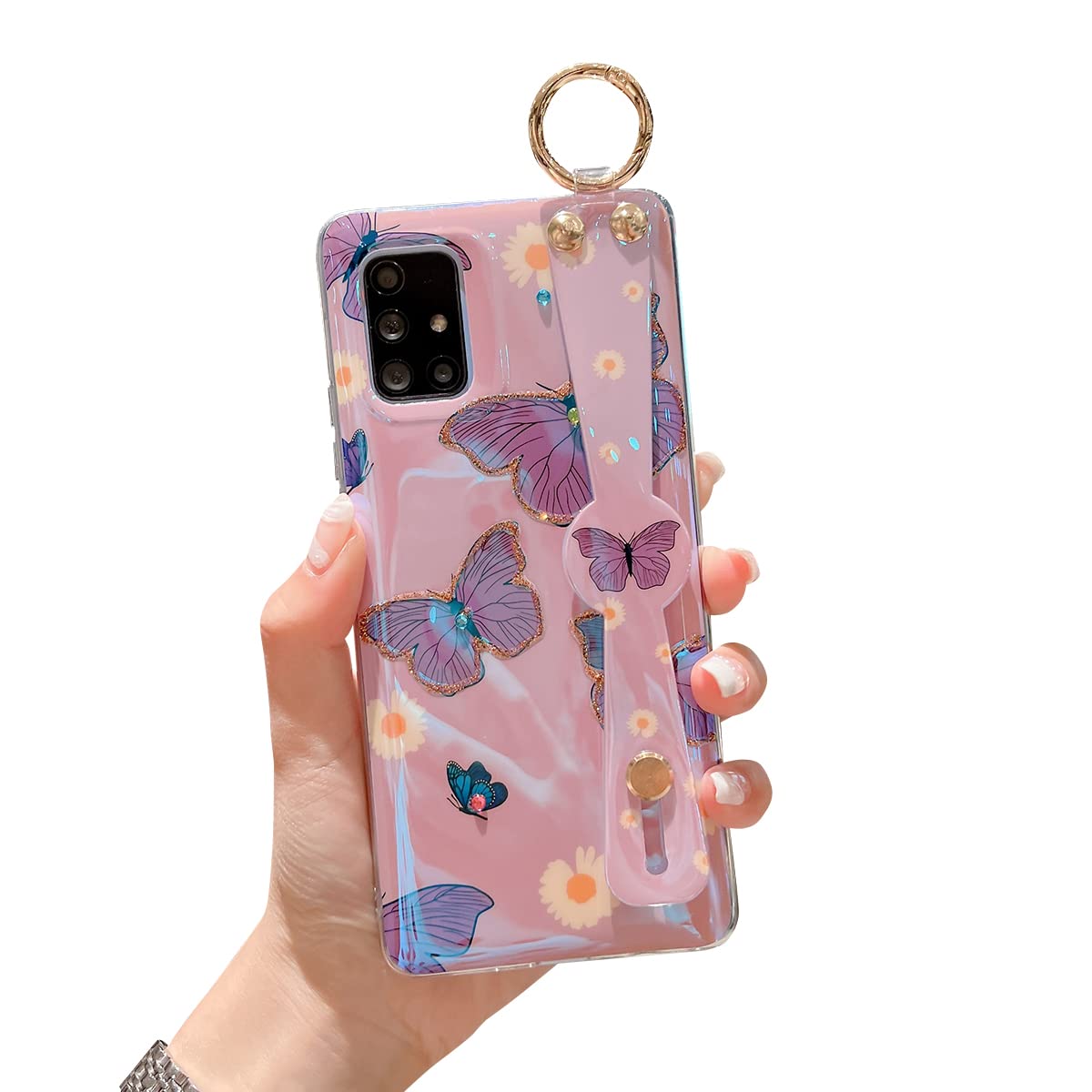 Cute Glitter Bling Cartoon IMD Soft TPU Shockproof Protective Case for Samsung Galaxy A51 5G with Wrist Strap & Kickstand - Purple Butterfly Design for Girls & Women | Perfect for Daily Use, Work, and Travel