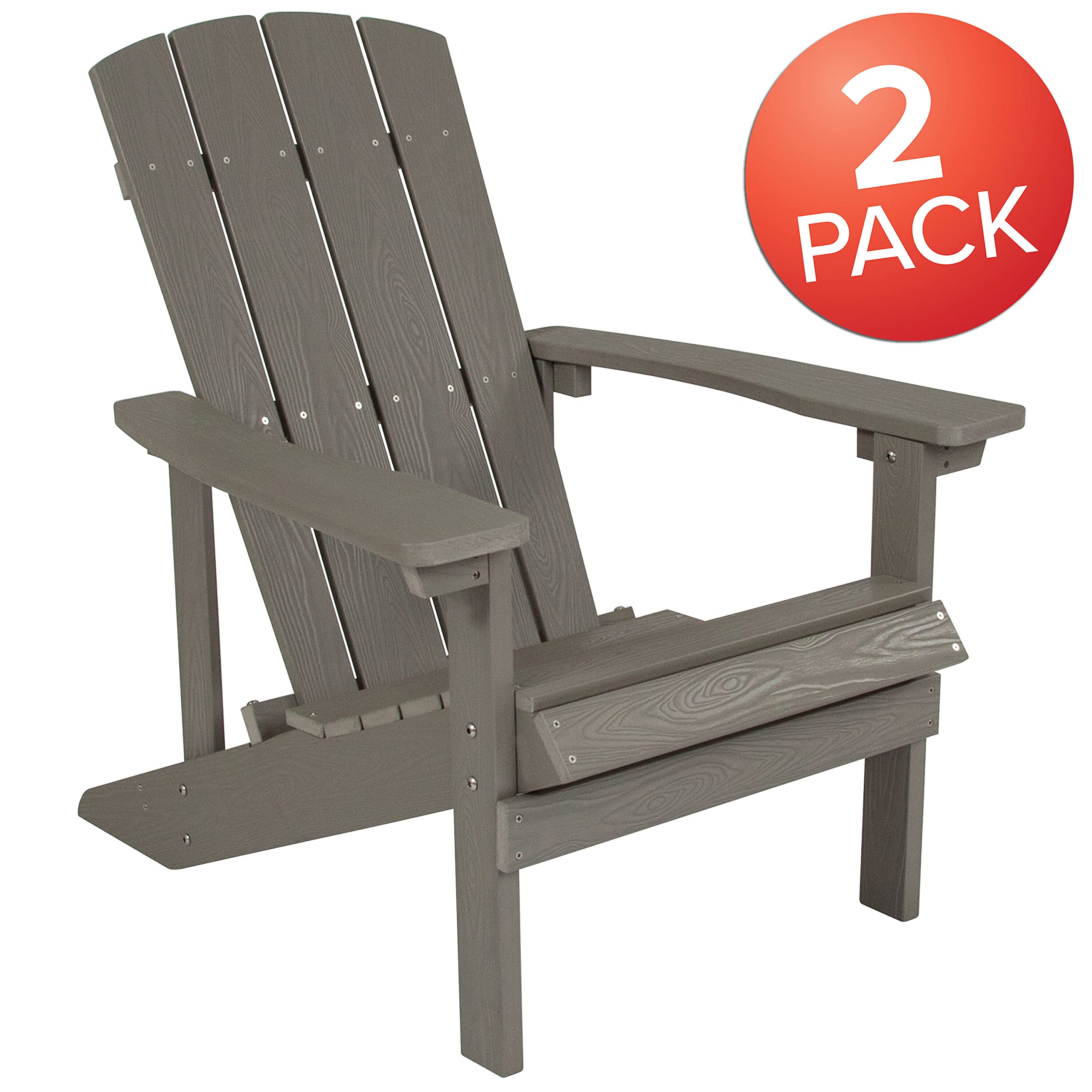 Merrick Lane Set of 2 Gray Weather-Resistant Riviera Adirondack Patio Chairs with Vertical Back & Wide Arms - Outdoor Furniture for Deck, Garden, Poolside Relaxation
