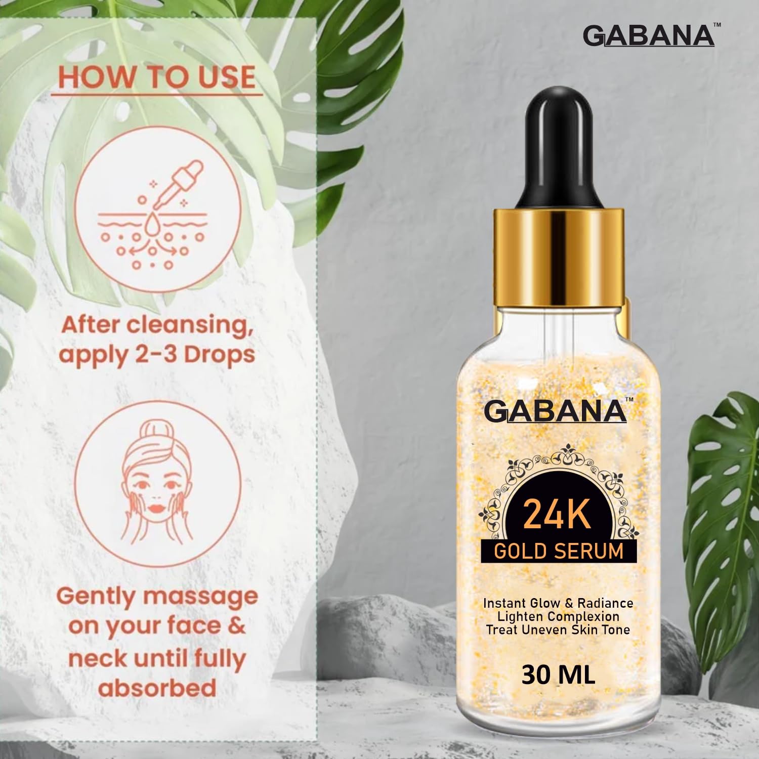 GABANA 24K Gold Facial Serum for Men & Women - 30ml Anti-Aging, Brightening & Acne Treatment - Reduces Dark Spots & Uneven Skin Tone for Instant Glow | Perfect for Daily Skincare Routine & Nighttime Use