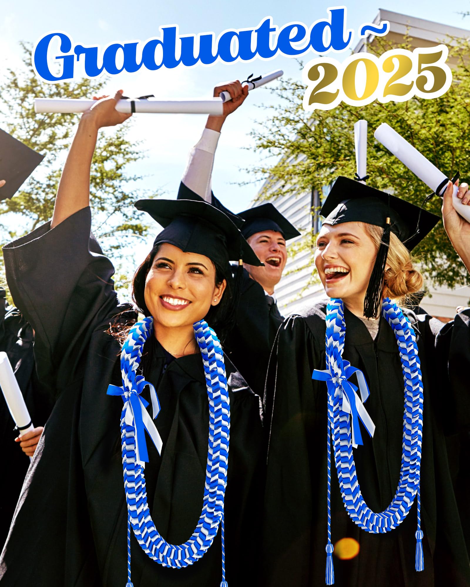**Cinderella Graduation Leis 2025 - Blue & White Braided Ribbon Lei, Cap Headband & Honor Cords - Class of 2025 Graduation Gift for Men & Women - Perfect for Graduation Parties, Ceremonies & Photo Shoots**