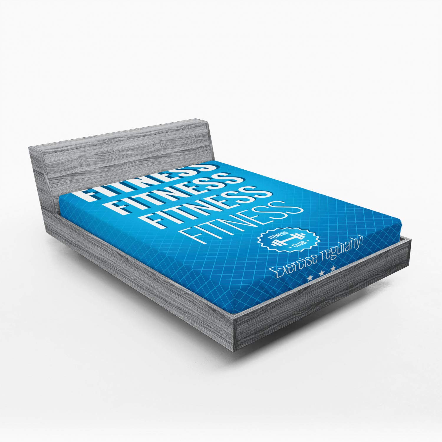 Ambesonne Fitness Fitted Sheet - Queen Size Motivational Exercise Themed Bed Cover with Deep Pocket Elastic, Pale Blue & White Checkered Design - Perfect for Home Gym Enthusiasts & Fitness Lovers