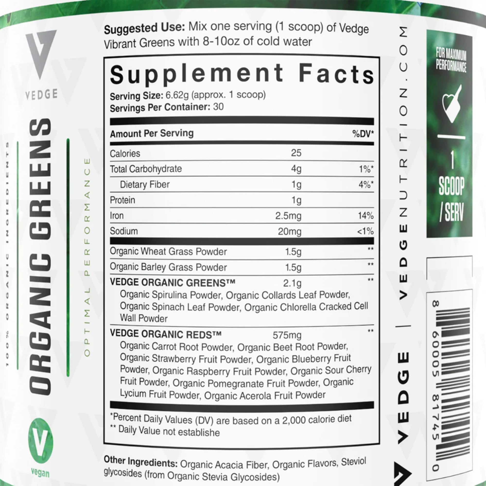 Organic Greens Superfood Powder by Vedge Nutrition - Vegan, Plant-Based Drink Mix for Energy, Antioxidants & Recovery - Full Spectrum Greens Supplement for Athletes & Active Lifestyles - Mixed Berry Flavor (30 Servings) - Perfect for Post-Workout Recovery & Daily Nutrition Boost