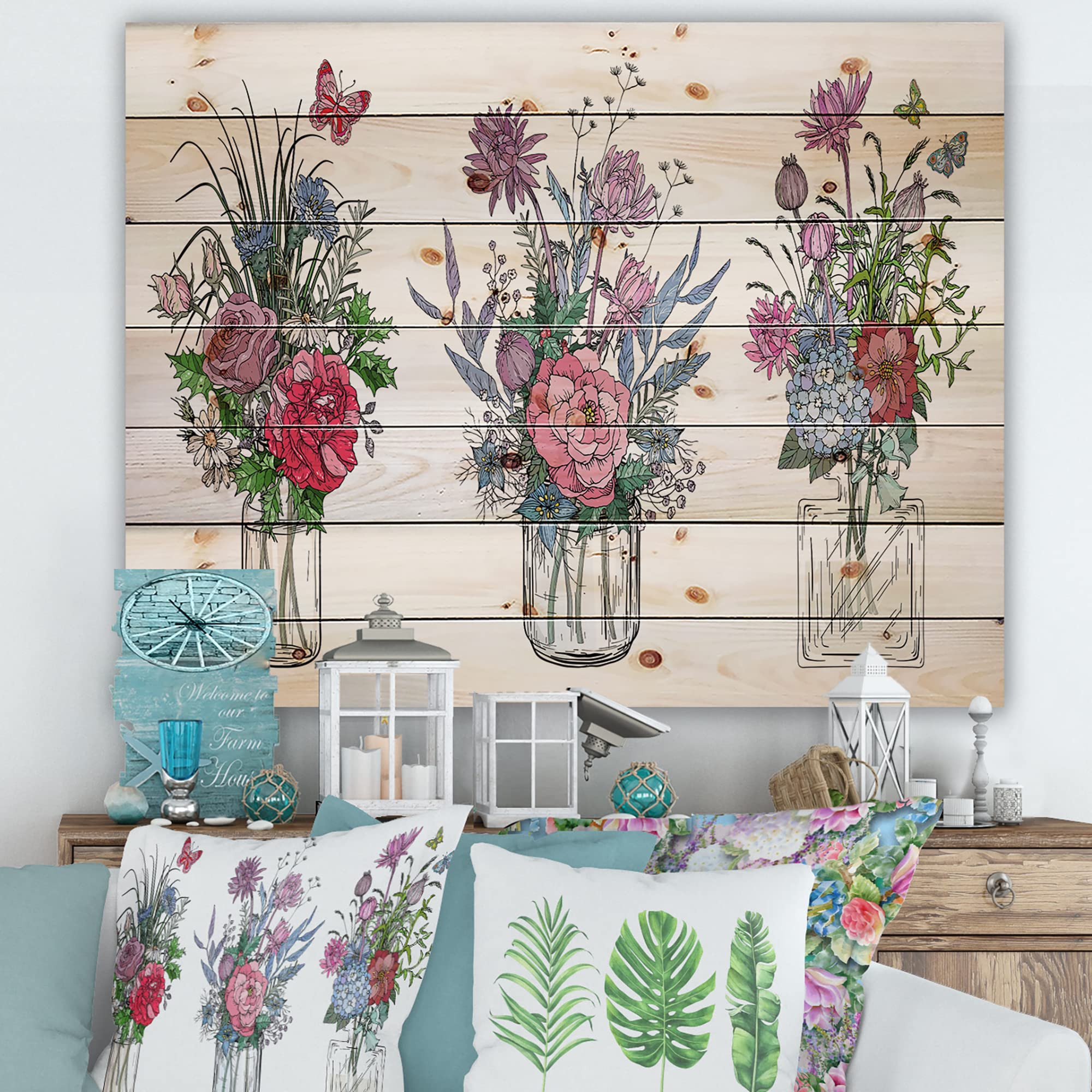Farmhouse Wood Wall Decor - Bouquets of Wildflowers in Transparent Vases - Large Floral Wood Wall Panels Printed on Natural Pine - Rustic Red Wood Wall Art for Living Room, Bedroom & Home Office Decor
