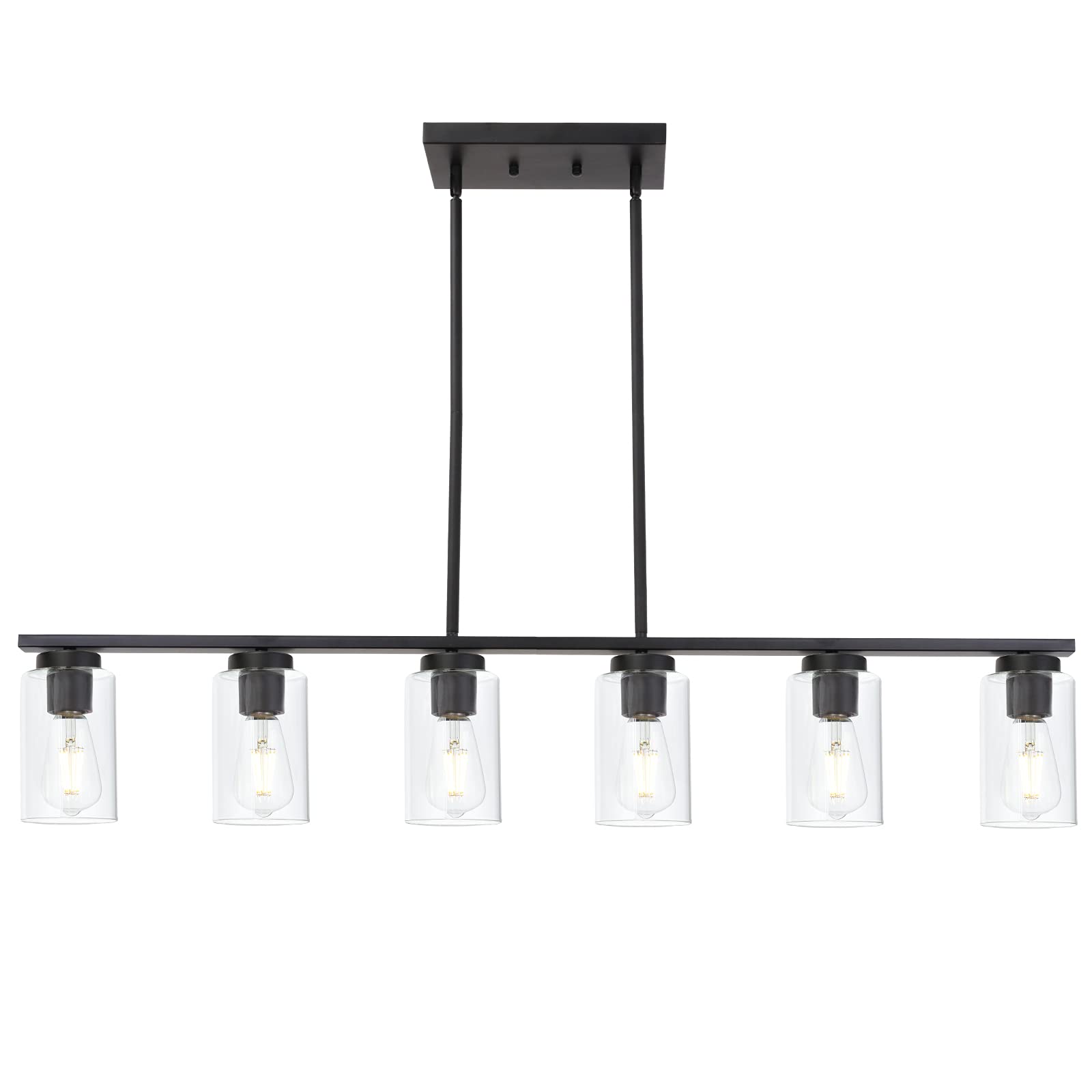 Black 6-Lights Kitchen Island Pendant Lighting with Clear Glass Shades - Farmhouse Style Hanging Light Fixture for Dining Room, Living Room & Kitchen Island - Perfect for Rustic Home Decor and Modern Farmhouse Interiors