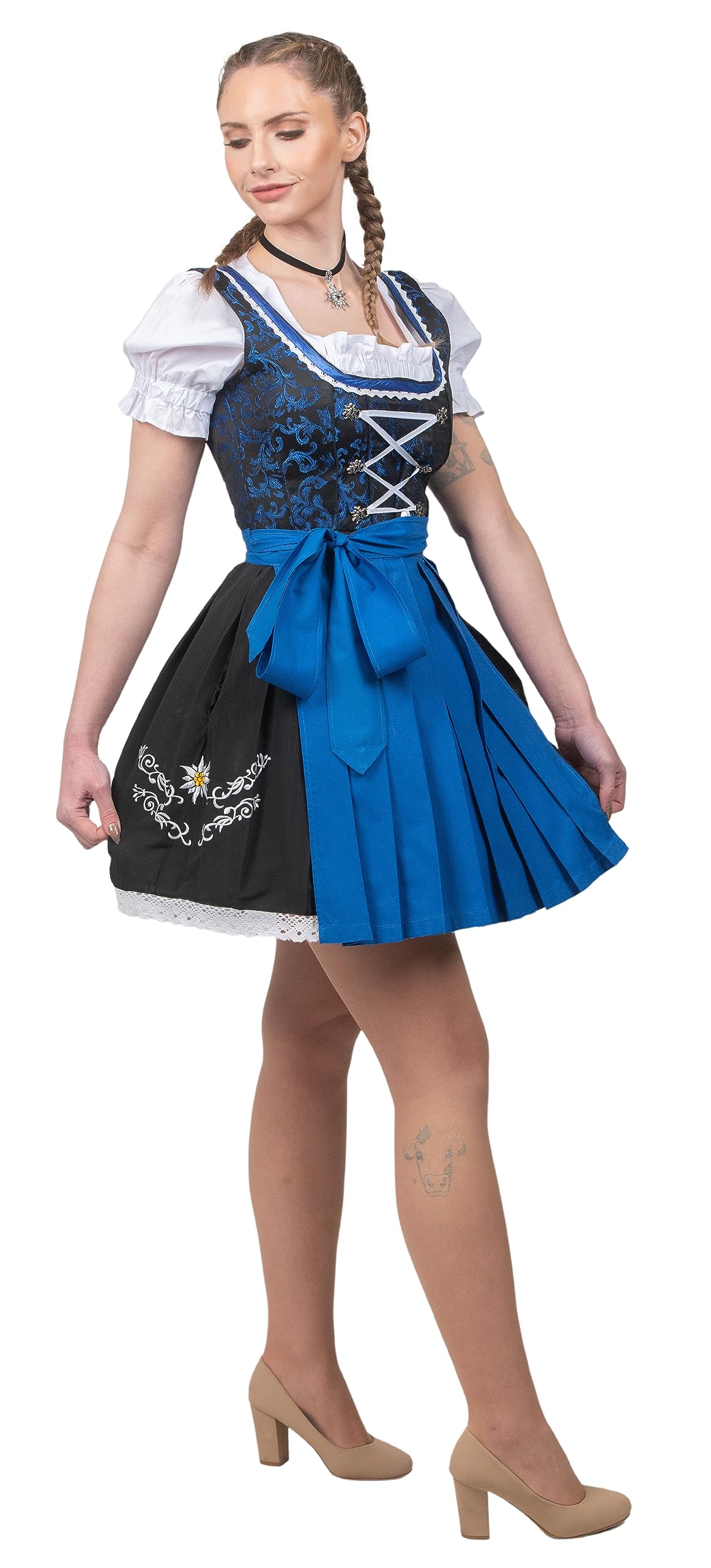 Authentic German Oktoberfest Dirndl Dress - 3-Piece Knee-Length Outfit in Black & Blue by Edelweiss Creek | Perfect for Oktoberfest, Costume Parties & Cultural Events