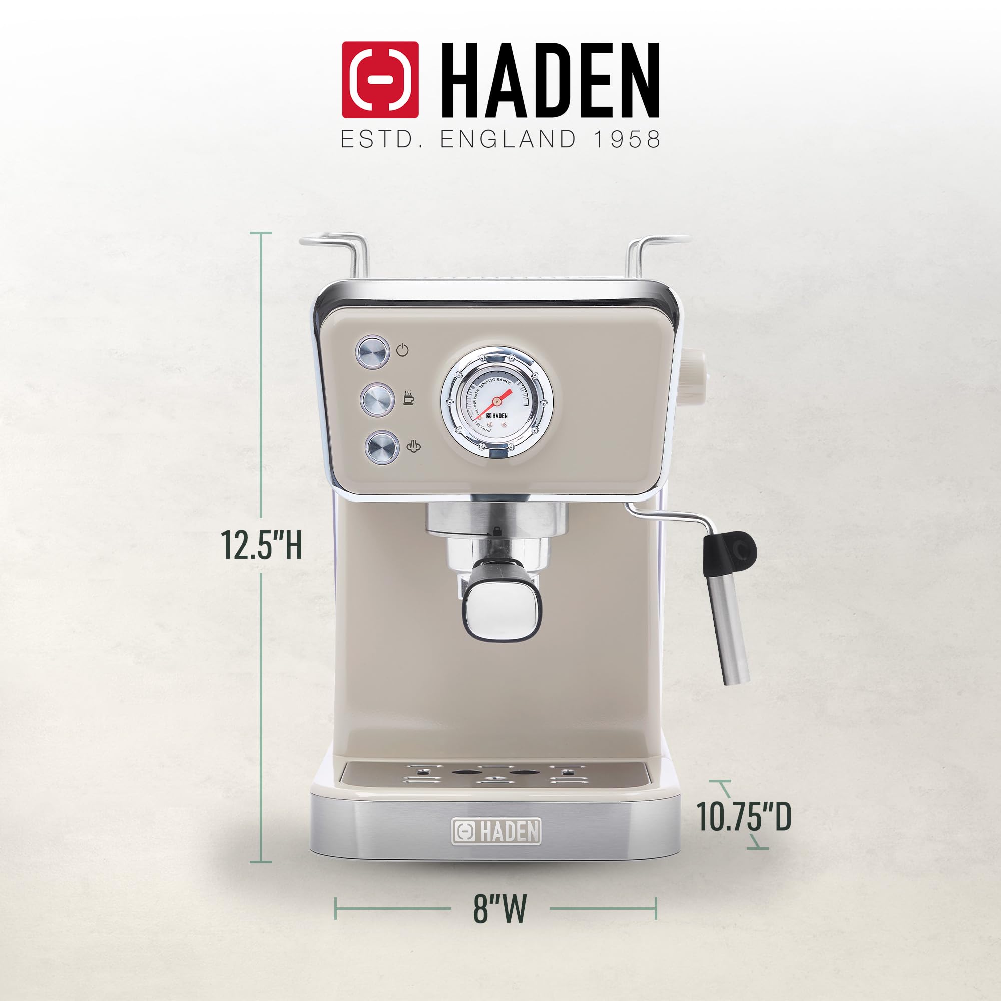 HADEN Barista Brew Espresso Coffee Machine - Stainless Steel Espresso Maker with Milk Frother, Steamer & 1.5L Water Tank (Putty & Copper) - Perfect for Home Baristas, Coffee Shops & Office Break Rooms