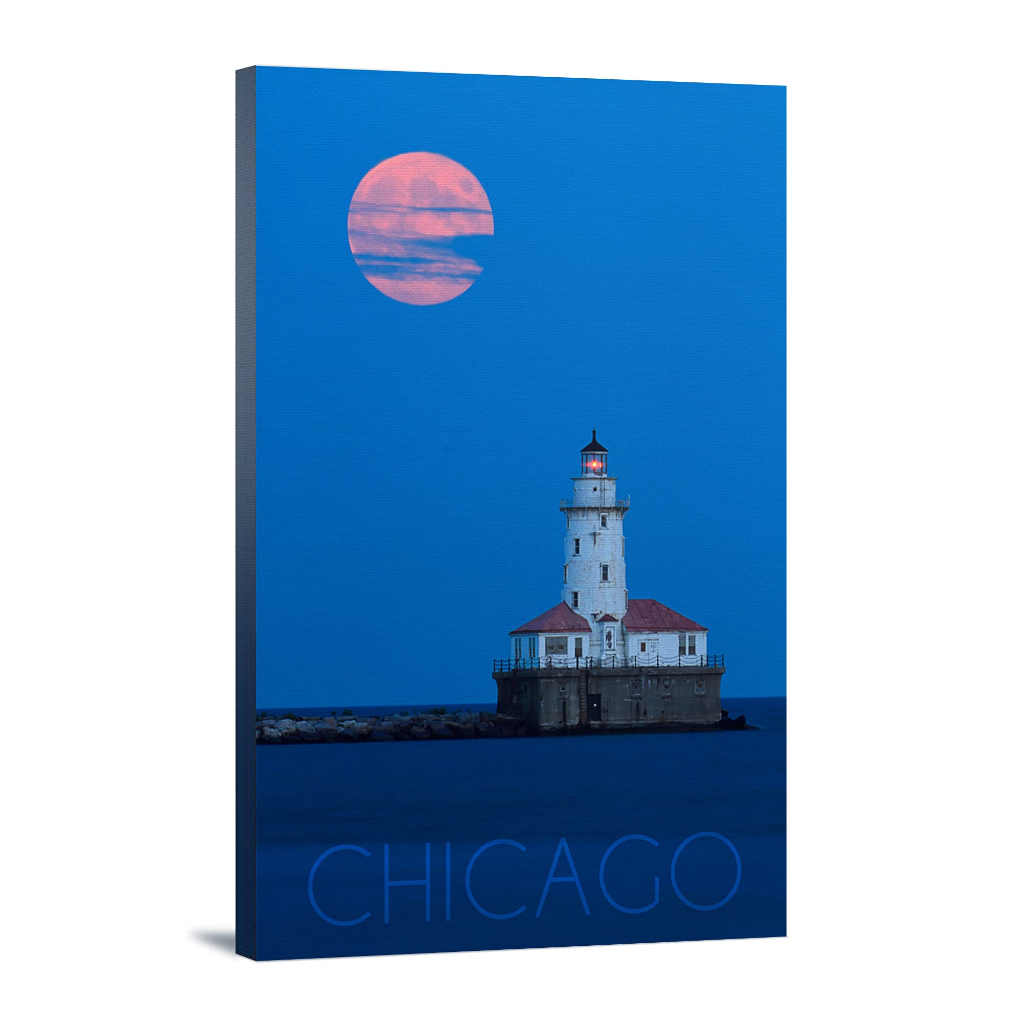 Lantern Press Chicago Illinois Lighthouse and Moon Wall Art - 12x18 Wrapped Canvas Print - Coastal Home Decor for Living Room, Bedroom & Office