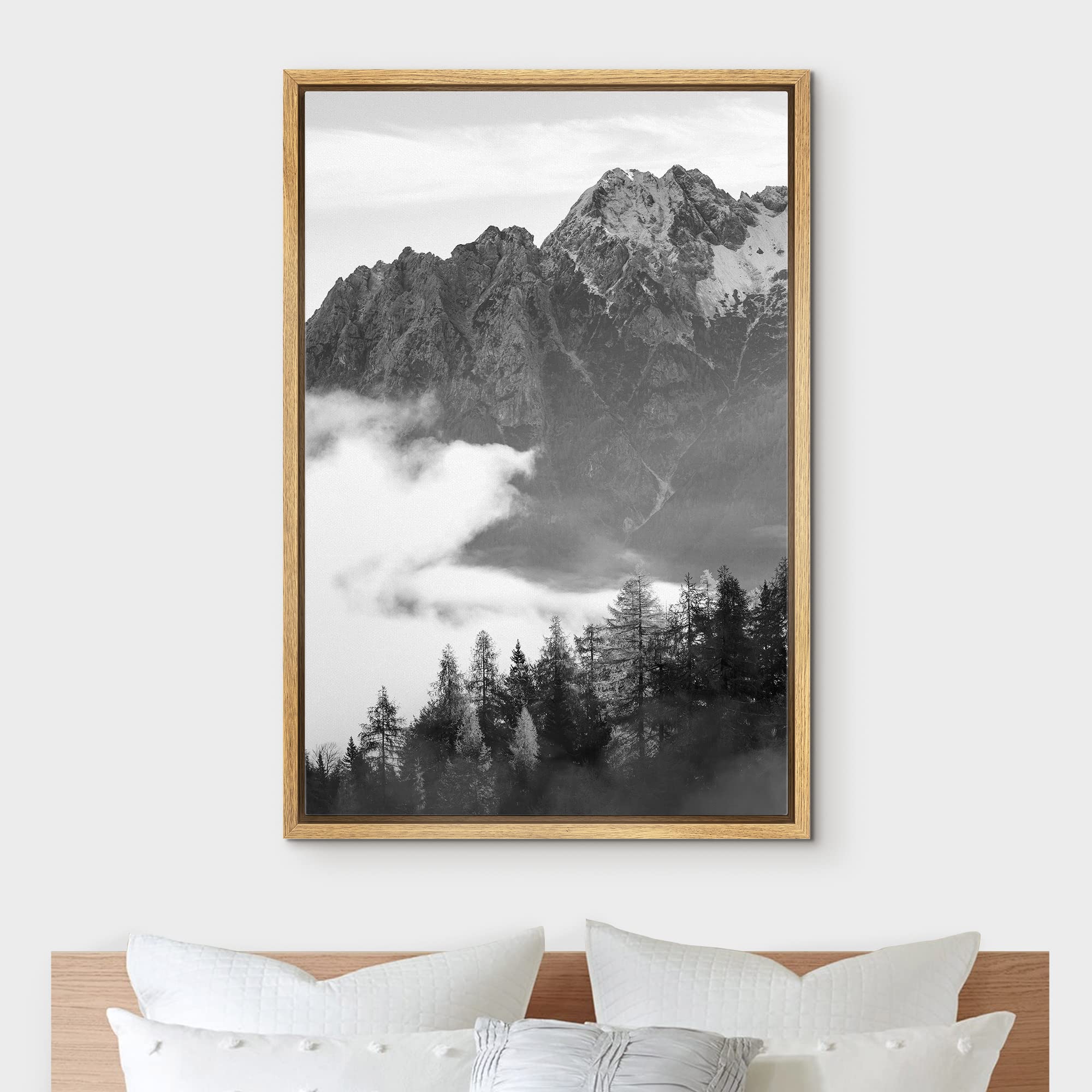 IDEA4WALL Framed Canvas Print - Black & White Mist Over Mountain Forest Valley Nature Art - Woodland Nursery Decor - 16
