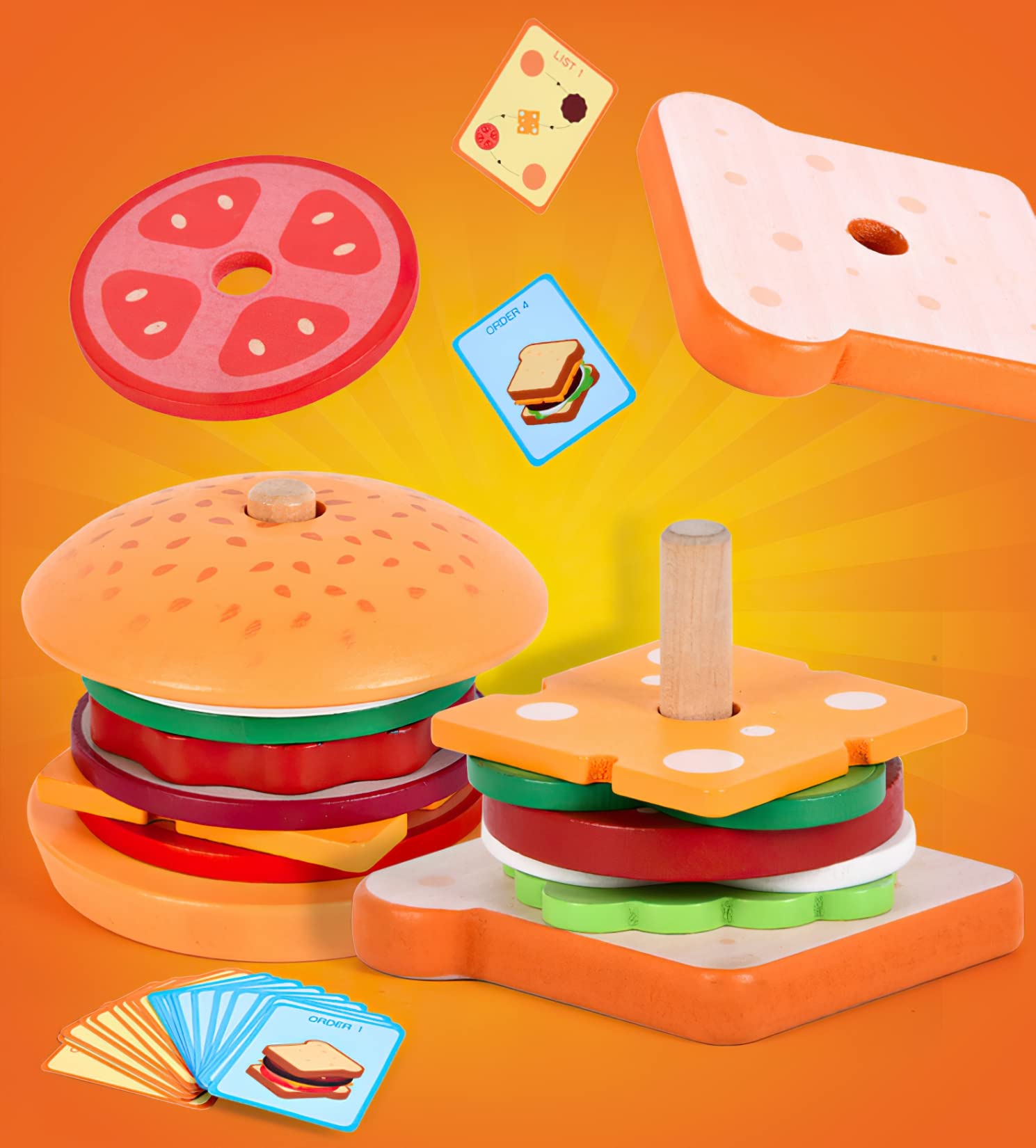Wooden Burger Sandwich Stacking Toys for Kids - Montessori Learning Toys for Toddlers & Preschoolers to Develop Fine Motor Skills - Pretend Play Kitchen & Educational Stacking Game for Children