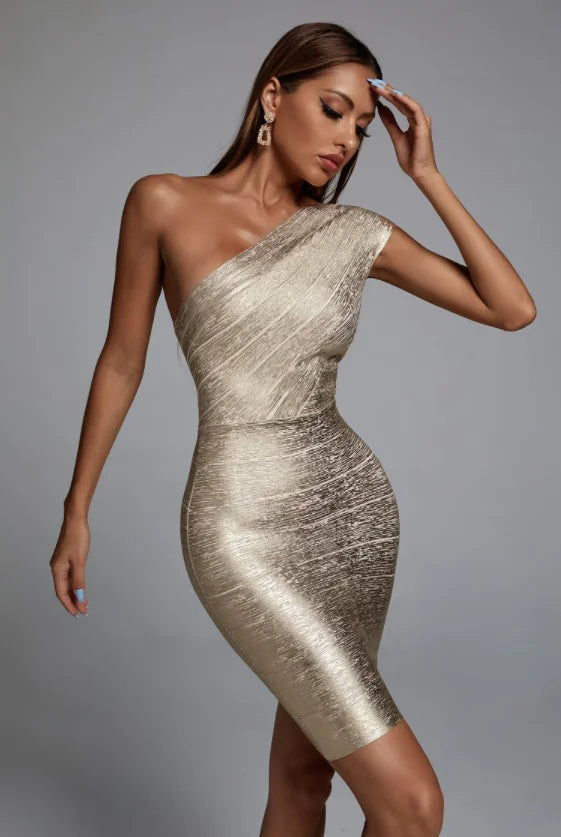 Elegant One Shoulder Gold Foil Print Rayon Bandage Dress - Sexy Club Party Dress for Women, Perfect for Night Out, Cocktail Party & Special Occasions