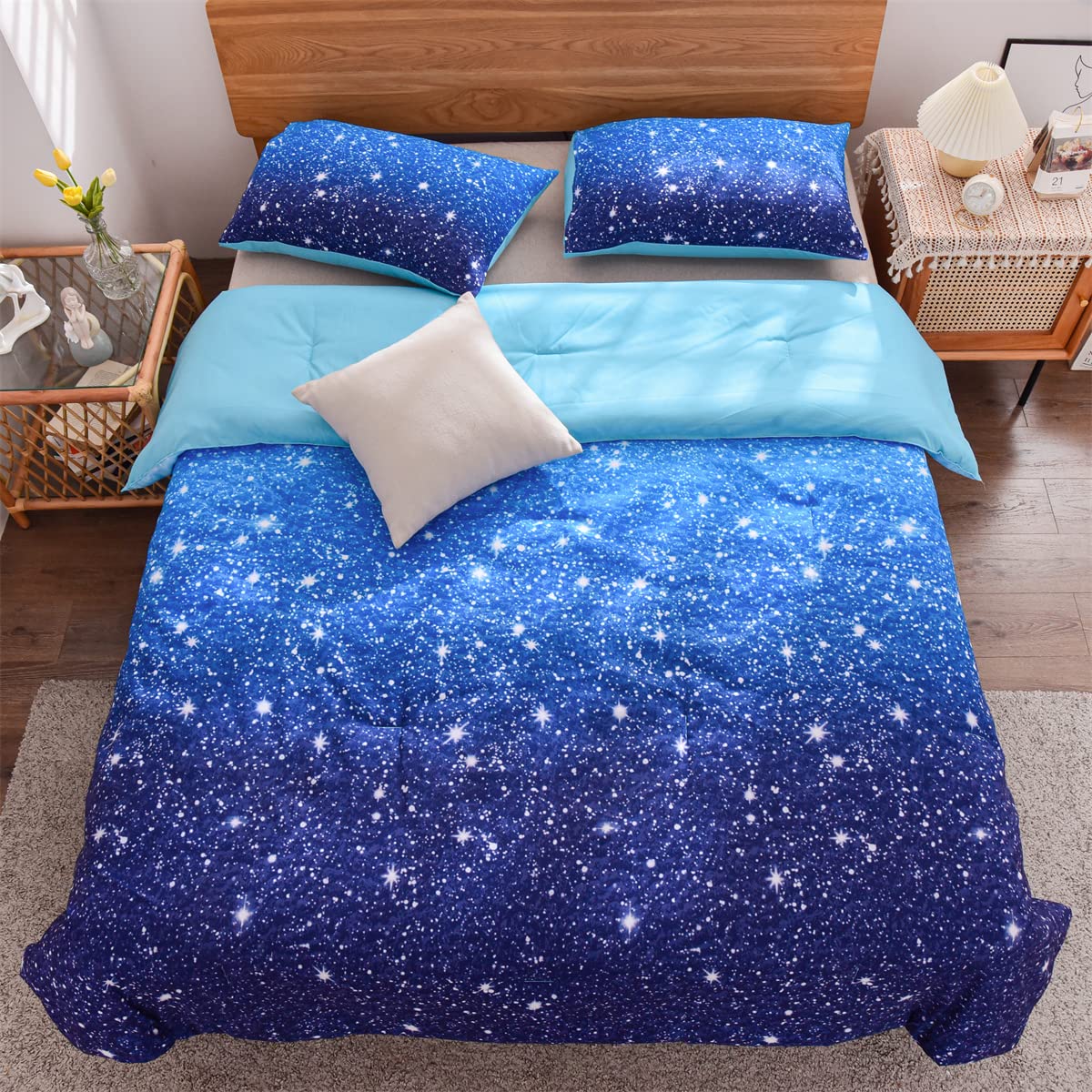 **Holawakaka Kids Space Galaxy Bedding Set - Twin/Twin XL Size, Blue Indigo Ombre Glitter Stars Comforter for Boys & Girls - Perfect for Themed Bedrooms & Sleepovers**