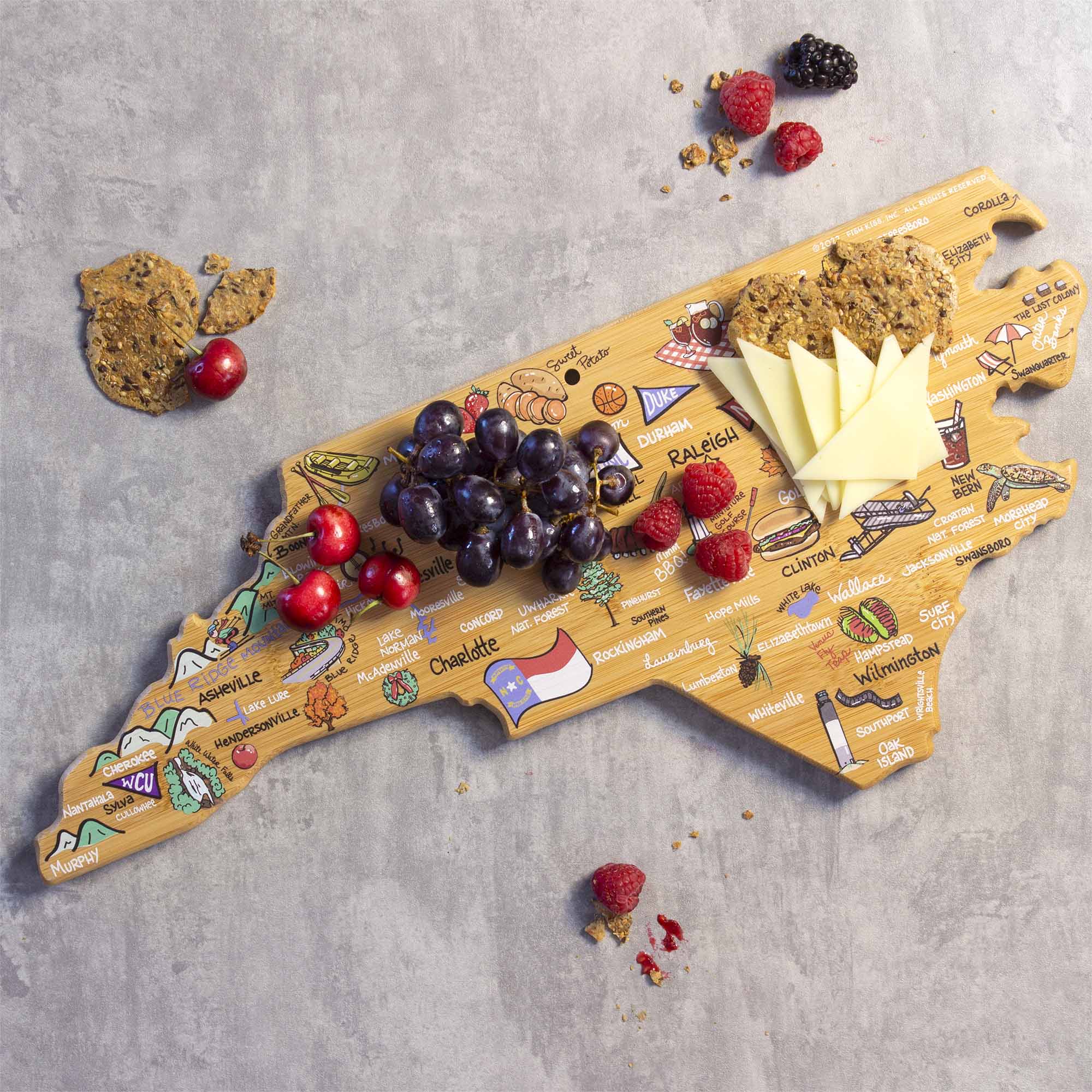 Premium North Carolina Wooden Cutting Board with Fish Kiss™ Artwork - Durable & Stylish for Kitchen, Charcuterie, and Serving - Perfect Gift for Home Chefs
