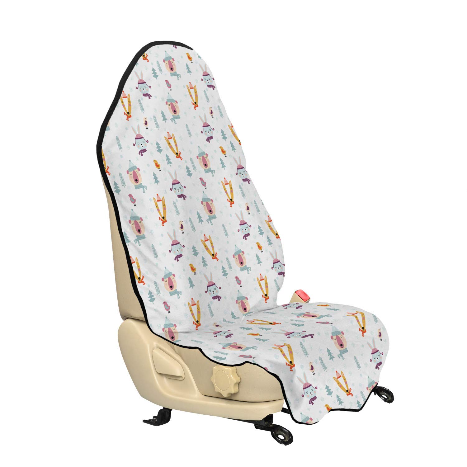Ambesonne Cartoon Car Seat Hoodie - Bear, Bunny & Fox with Scarves & Hats Snowflake Design | Universal Fit Non-Slip Car Seat Cover Protector 30