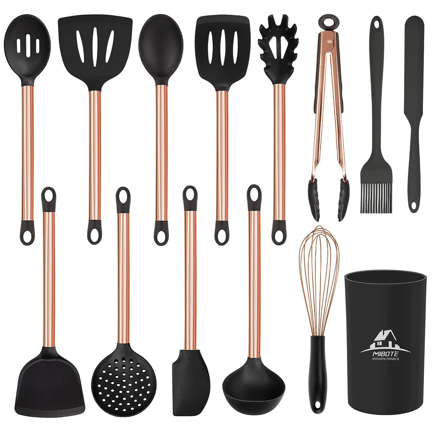 14-Piece Silicone Cooking Utensil Set with Holder - Non-Stick, Heat Resistant Kitchen Tools (Gold Black) - BPA Free, Non-Toxic Cookware for Baking, Frying & Everyday Cooking - Includes Turner, Tongs, Spatula & Spoon with Stainless Steel Handles
