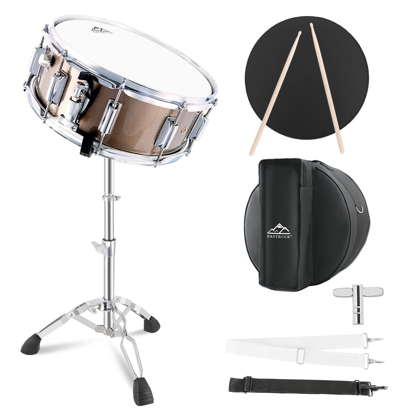 EASTROCK 14x5.5 Inch Snare Drum Set for Beginners - Includes Gig Bag, Drumsticks, Stand, Drum Keys & Coated Head - Champagne Finish - Perfect for Student Practice, School Bands & Home Music Studio