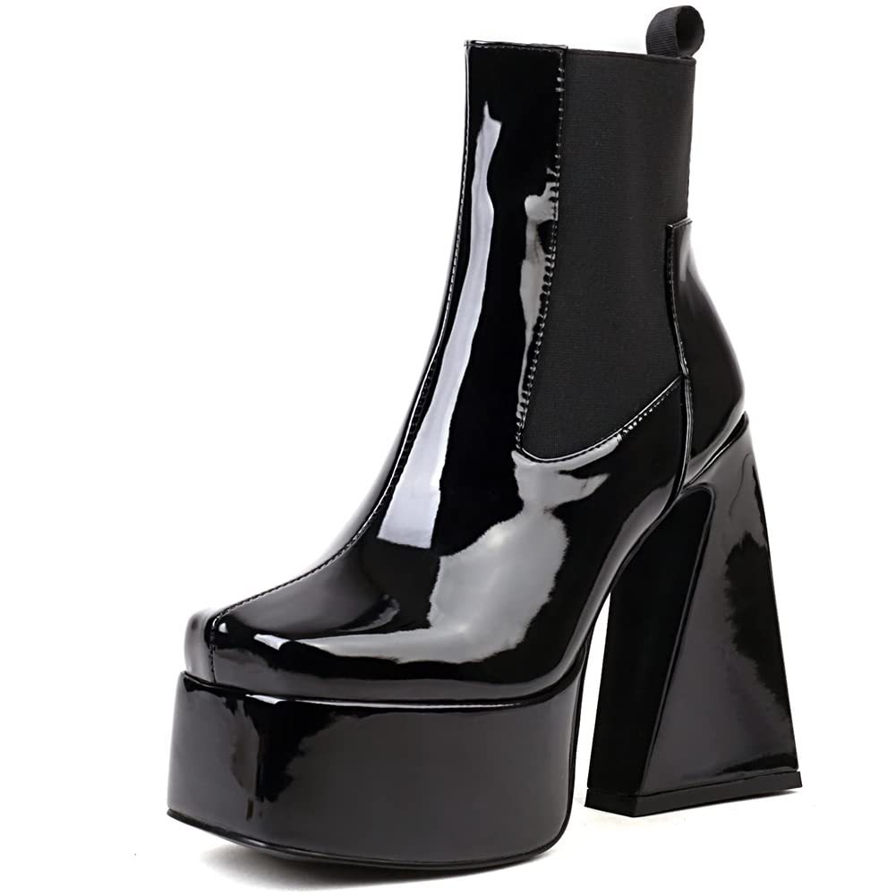 Women's Black Platform Ankle Boots with Chunky Heels & Side Zipper - Square Toe Comfortable Goth Boots for Party, Dress, Night Out & Halloween Costume