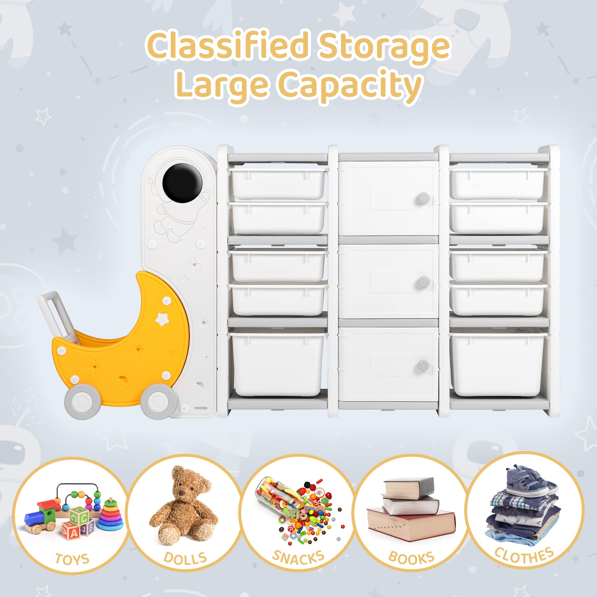 Duke Baby Kids 3-Layer Toy Storage Organizer with 10 Bins, 3 Cabinets with Doors & Bookshelves - Toy Cart for Playroom & Bedroom Organization (Ages 1-12) - Perfect for Kids' Room, Nursery, and Daycare Storage Solutions