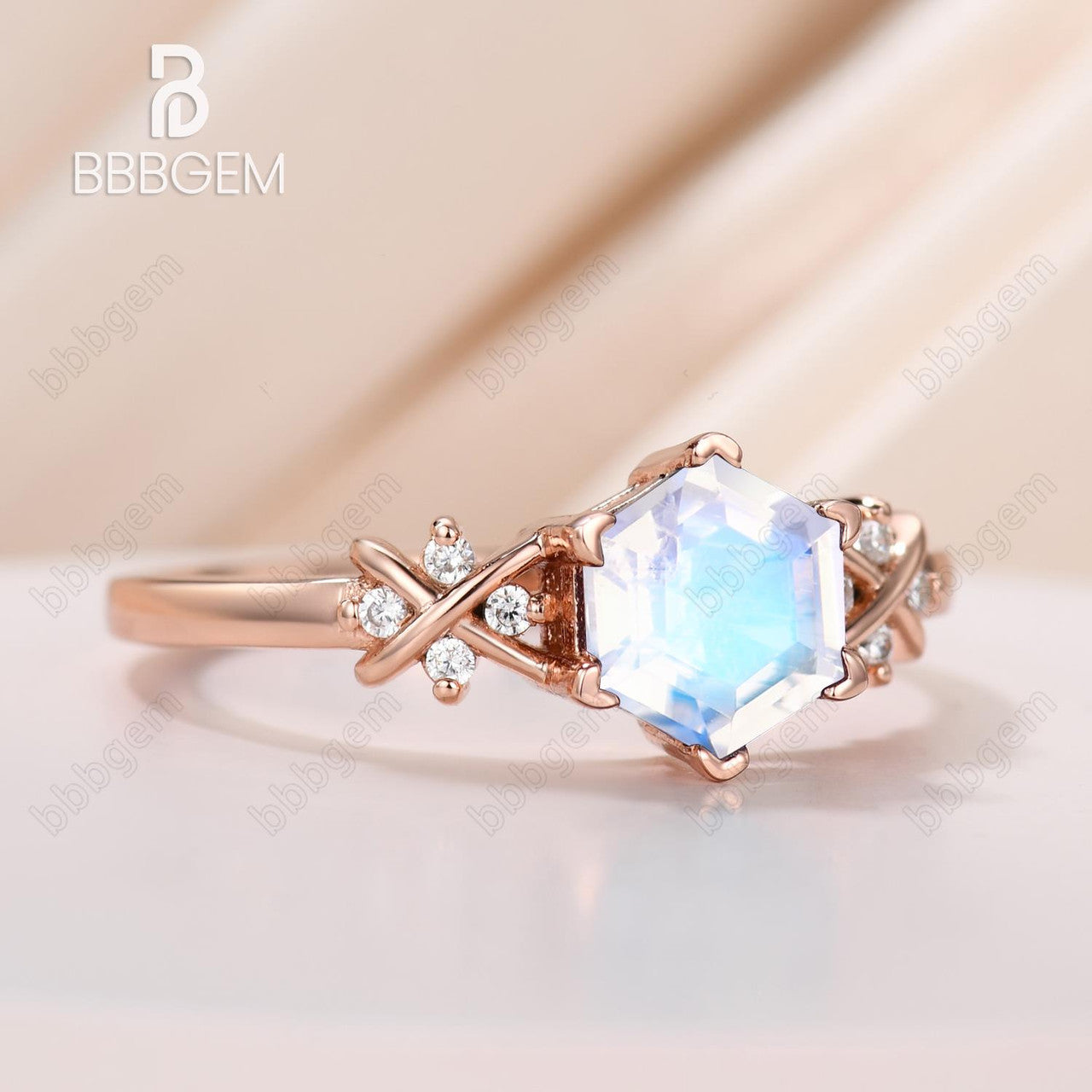 Art Deco Hexagon Moonstone Engagement Ring - Rose Gold Solid Vintage Wedding Band for Women, Perfect for Bridal, Anniversary, and Boho Jewelry Lovers